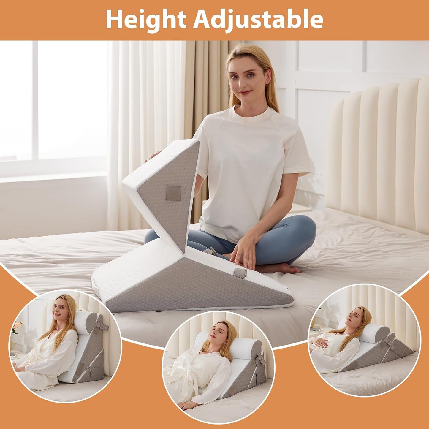 Wedge Pillow Set for After Surgery, Wedge Pillow for Acid Reflux, Bed Wedge Pillow with Adjustable 9&12inch for Headboard,Sleeping, Orthopedic Memory Foam for Neck&Back Support, White/Grey