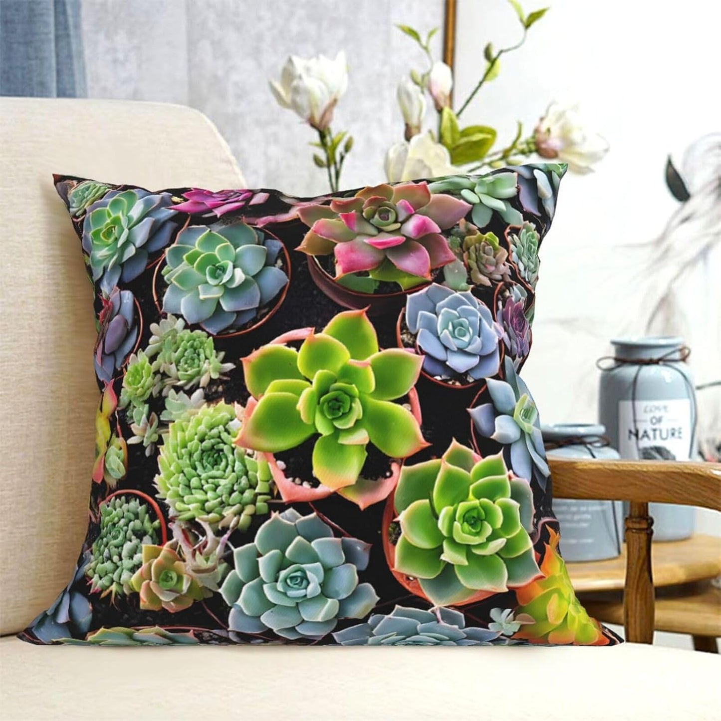 All-Season Square Pillow Covers 18"X18", Colorful Succulent, Decorative Throw Pillow Covers for Sofa Bed Couch, Hidden Zipper Cushion Cover, Square Lumbar & Accent Pillowcases for Home Decor