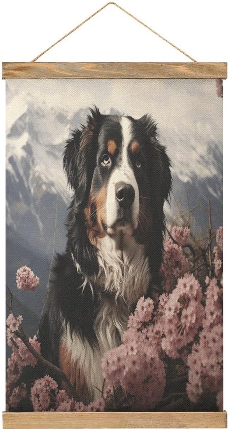 Vintage Bernese Mountain Dog Poster with Wooden Frame Personalized Linen Hanging Scroll Painting Rustic Wall Hanging Illustrative Modern Artwork Decor for Home Living Room Bedroom Office