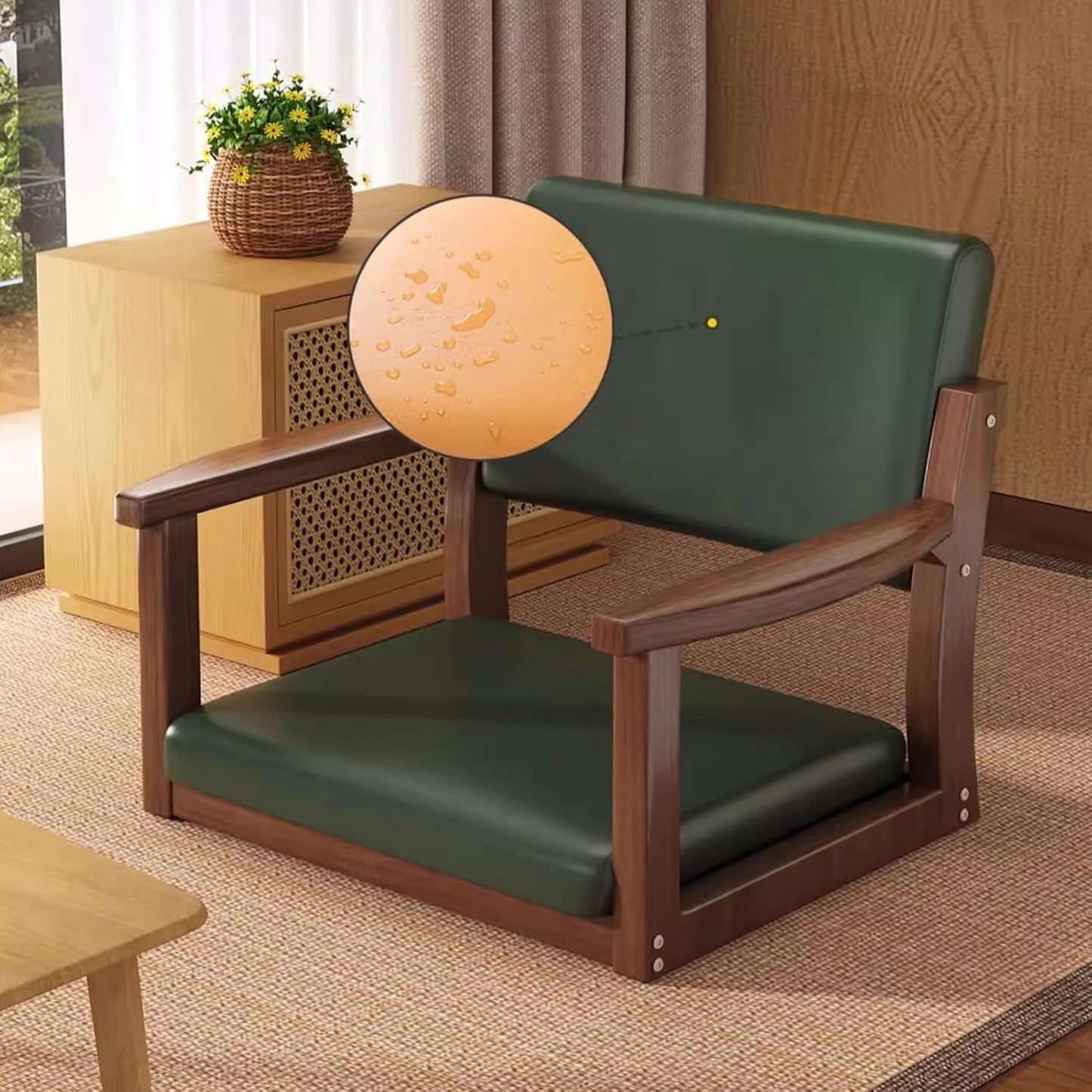 Wooden Tatami Legless Chair with Back Support Modern Japanese Floor Chair Great Use for Reading Meditating Living Room Balcony,Green Wood