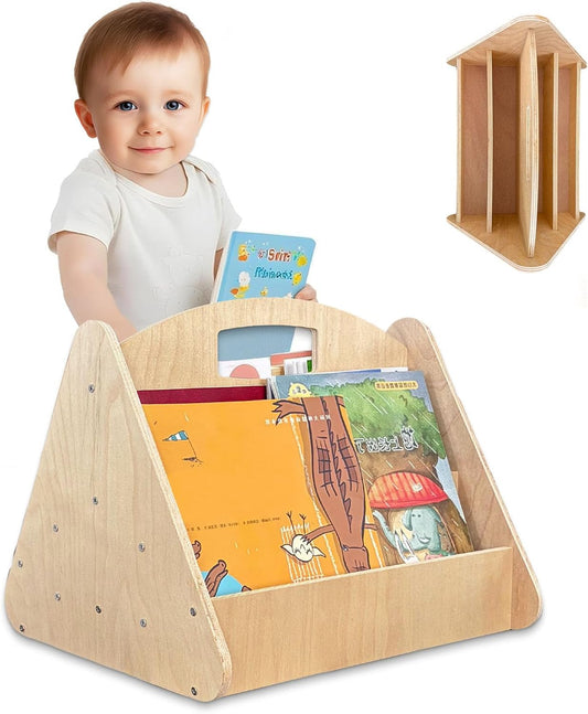 HANVOWS Wooden Bookshelf with Handle for Kids Rooms Double-Sided with 4 Tier Deep Easy Install Montessori Book Shelf for Baby's Bedroom or Playroom Decor