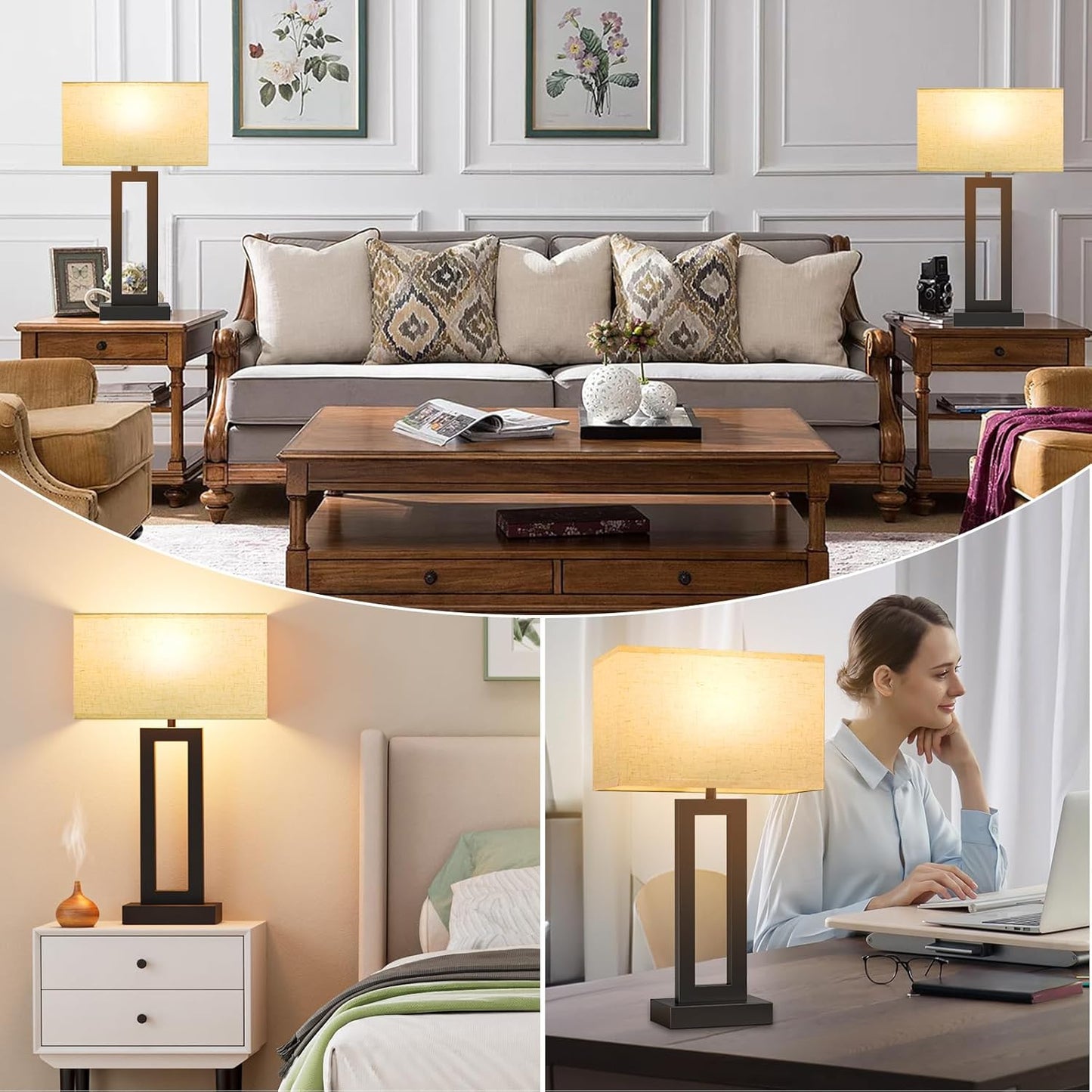 Seealle 22" Tall Living Room Lamps for Night Stands - Touch Bedside Lamp with USB C+A, 3 Way Dimmable Bedroom Lamps for End Tables Set of 2, Modern Night Stand Lamps for Bed Side(Cream&Black)