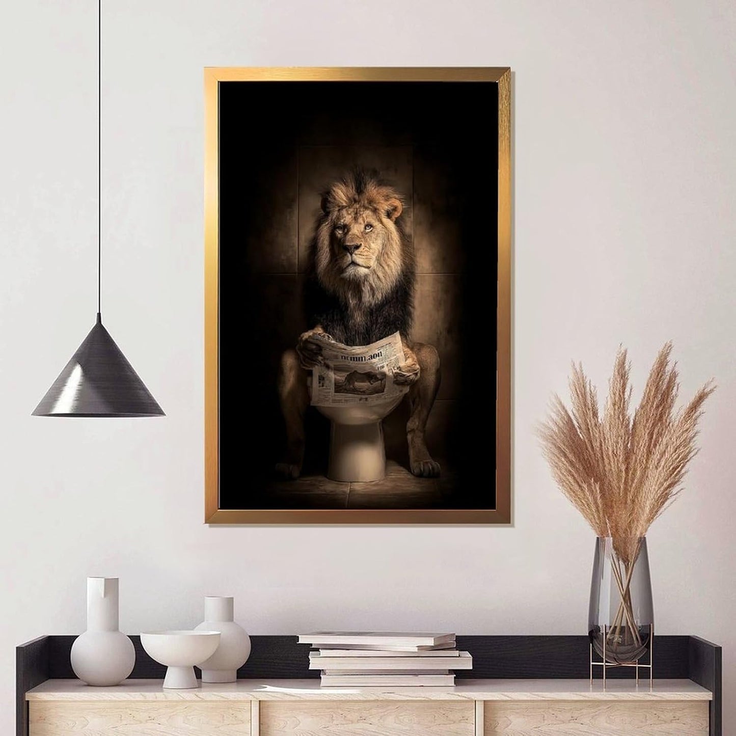 Rucatto An Abstract Art Poster Depicts A Lion Reading A Newspaper in A Toilet. Wall Art Paintings Canvas Wall Decor Home Decor Living Room Decor Aesthetic 12x18inch(30x45cm) Golden-style