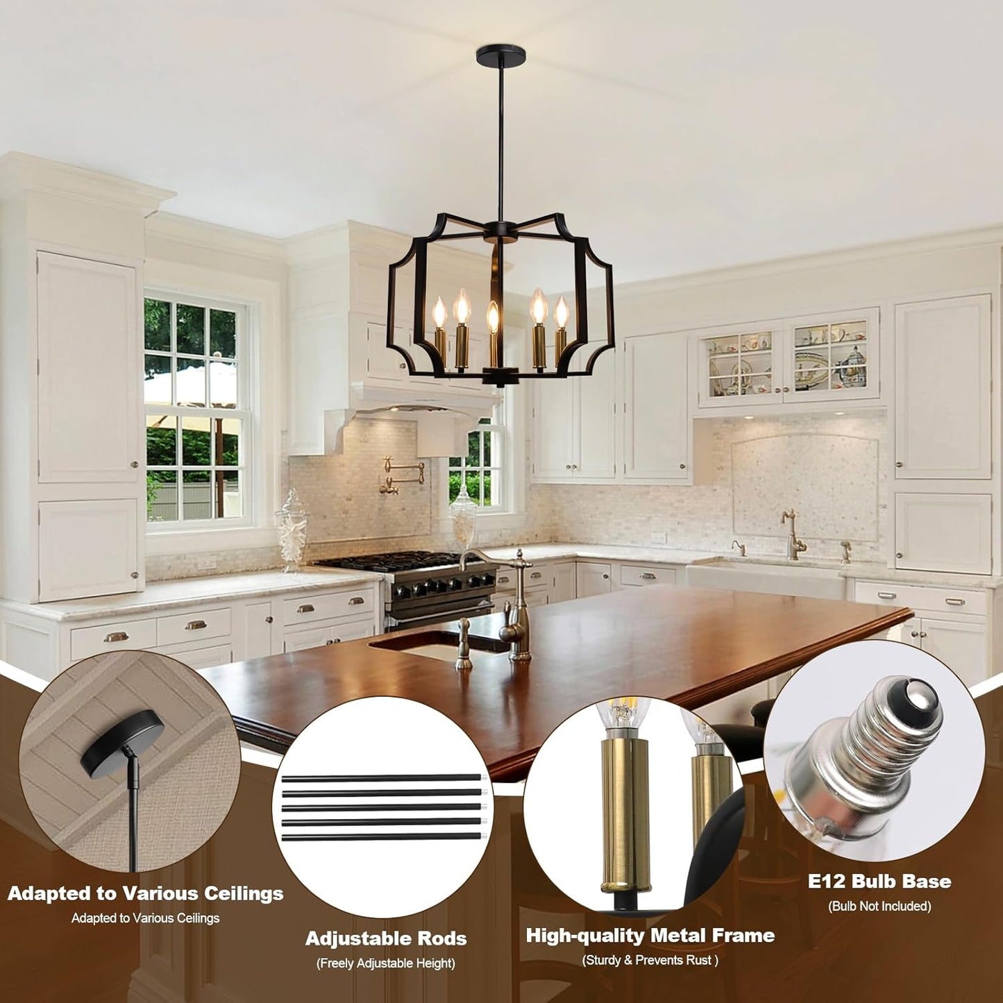 Dining Room Chandeliers, Black&Gold Geometric Modern Farmhouse Chandelier, 5-Light Adjustable Hanging Industrial Metal Pendant Light Fixtures for Kitchen Island Bedroom Stairway Foyer Hallway