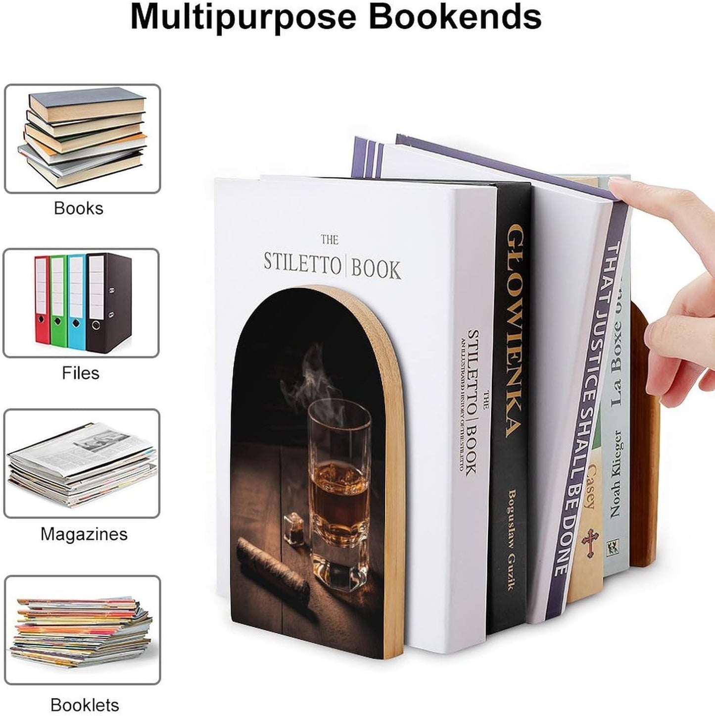 Cigar & Whiskey Bookend for Shelves Wooden Book End Large Size Sturdy Book Holders Stoppers with Metal Base for Bookshelves Slick Decorative Bookends Stands
