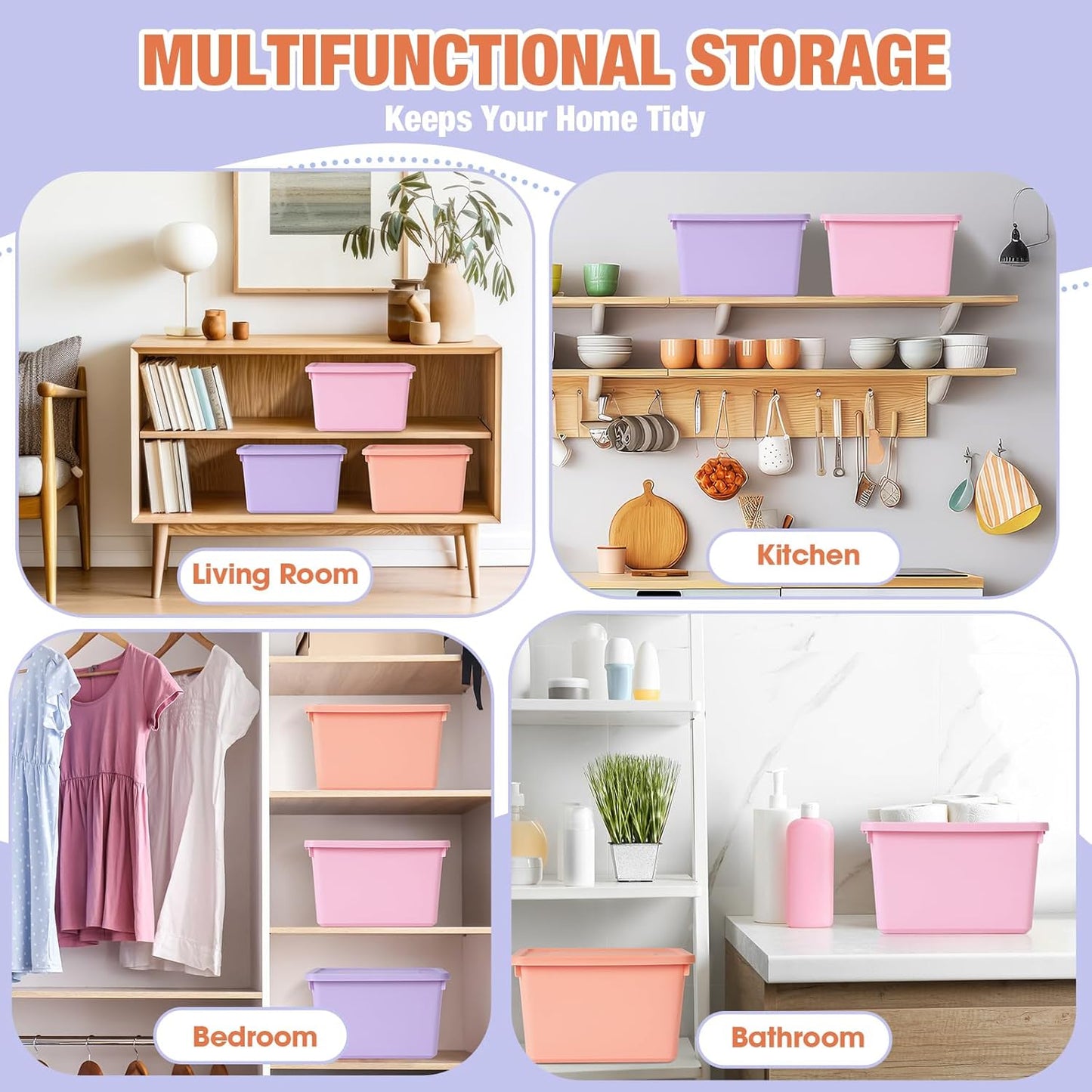 6 Pack Cute Plastic Storage Bins with Lids Decorative Stackable Storage Boxes 9.8" ×7.3" ×5.7" Small Storing Totes for Organizing Craft Office Supplies (Pink,Purple,Orange)