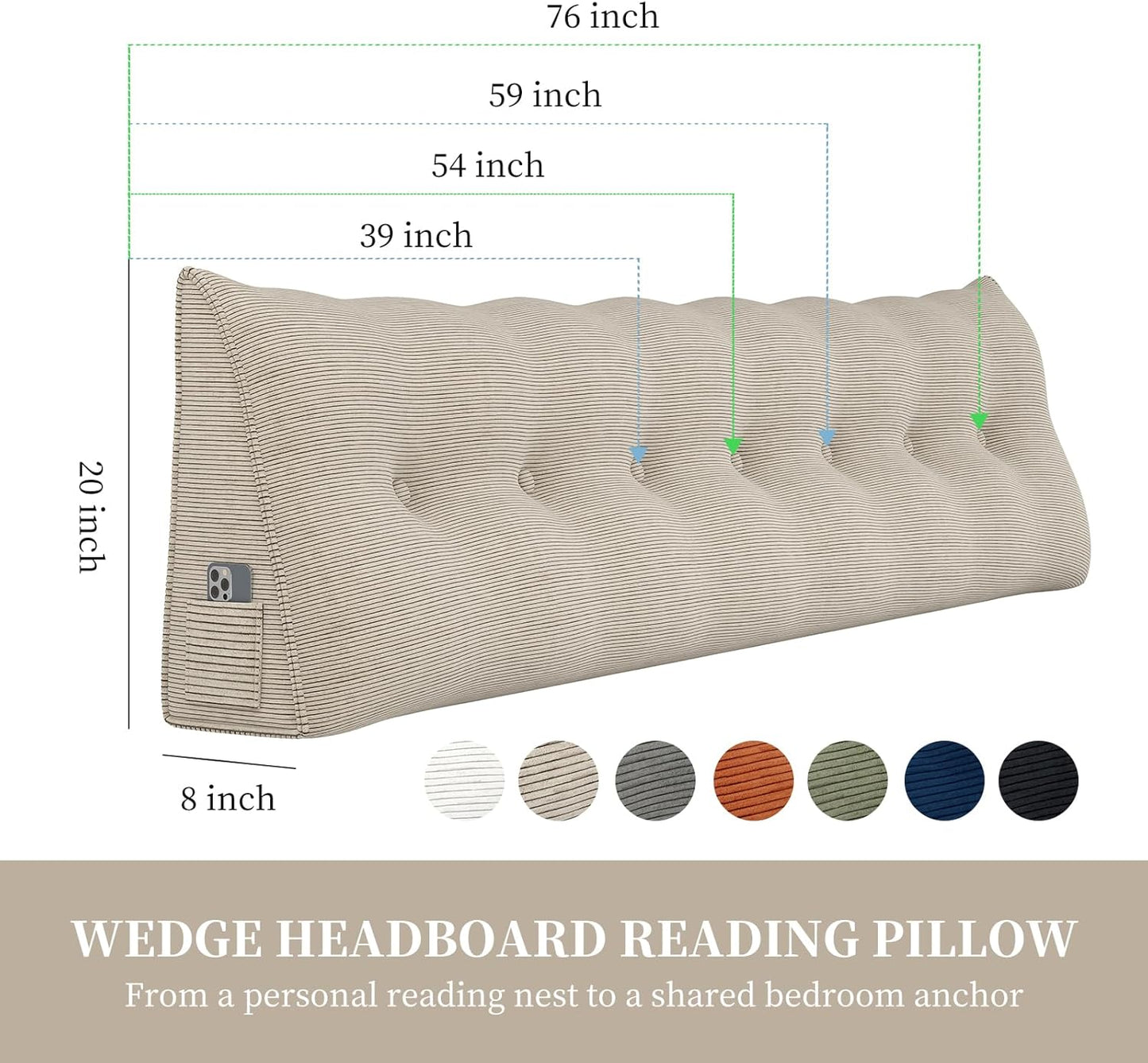 Triangular Headboard Corduroy Wedge Pillows for Sitting Up in Bed Rest Adult，Upholstered Reading Bolster Pillow for Daybed Sofa Couch Back Cushions Lumbar Body Support（Queen，Camel）