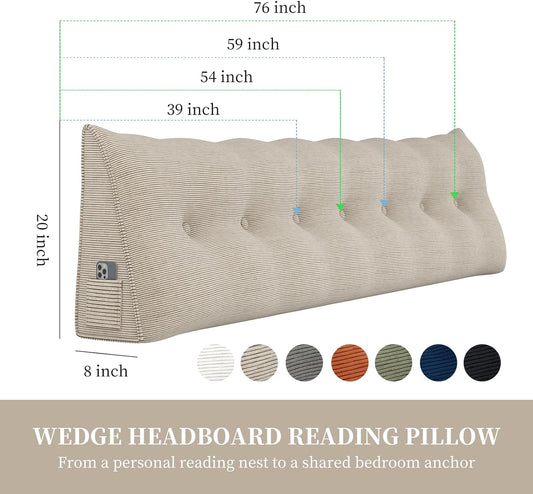 Triangular Headboard Corduroy Wedge Pillows for Sitting Up in Bed Rest Adult，Upholstered Reading Bolster Pillow for Daybed Sofa Couch Back Cushions Lumbar Body Support（Queen，Camel）