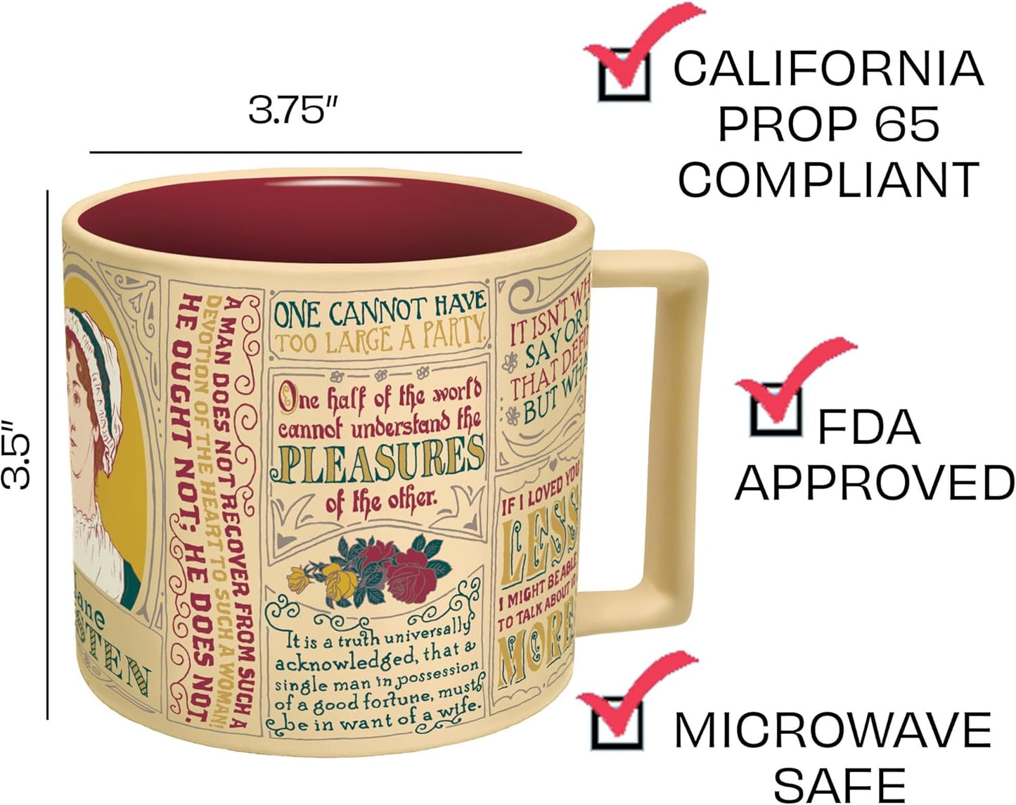 The Unemployed Philosophers Guild Jane Austen Coffee Mug - Austen's Most Famous Quotes and Depictions, Comes in a Fun Gift Box, 14 oz