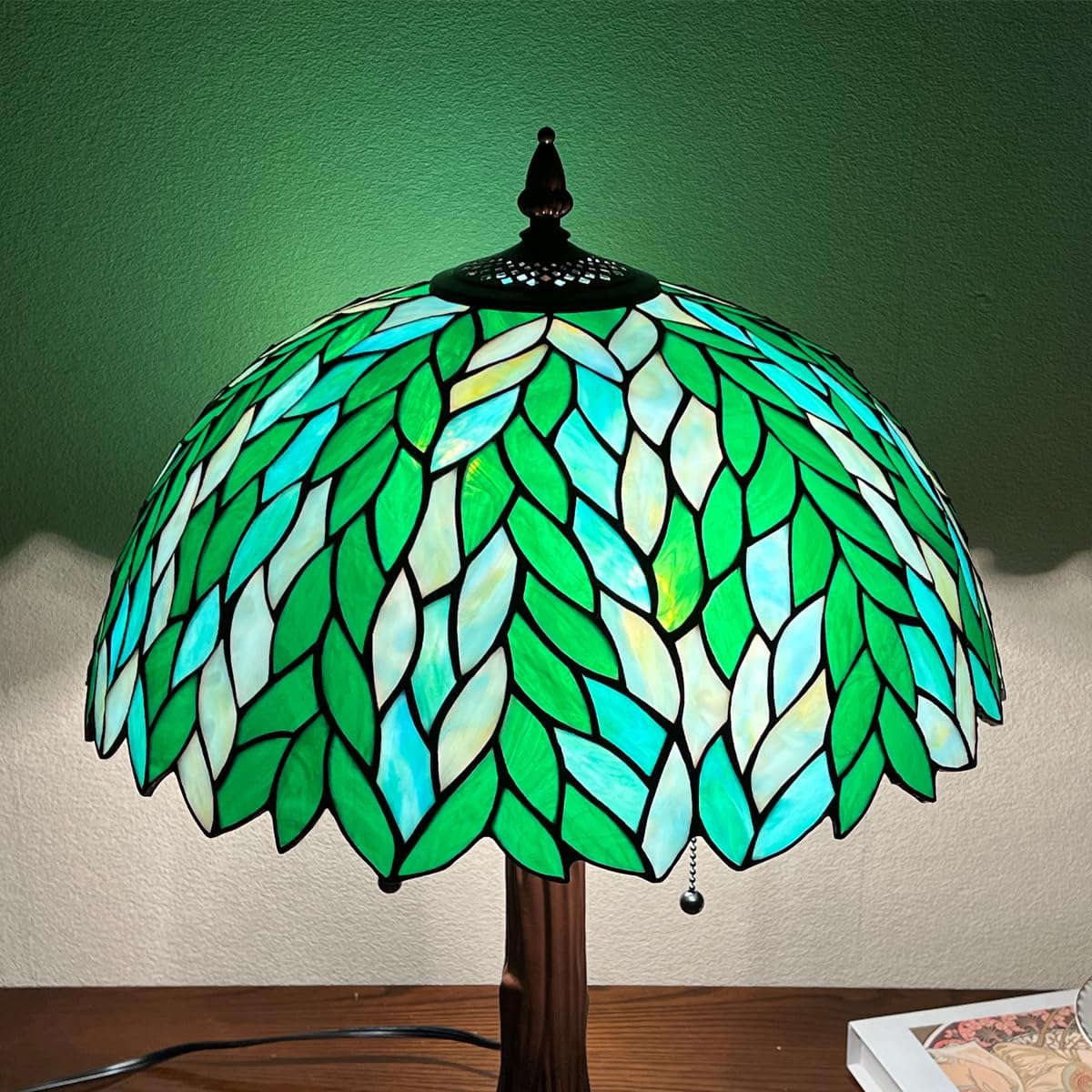 Tiffany Style Table lamp, Green Wisteria Stained Glass Desk Light - Antique 16” Large Nightstand Bedside Reading Light for Living Room Bedroom Office