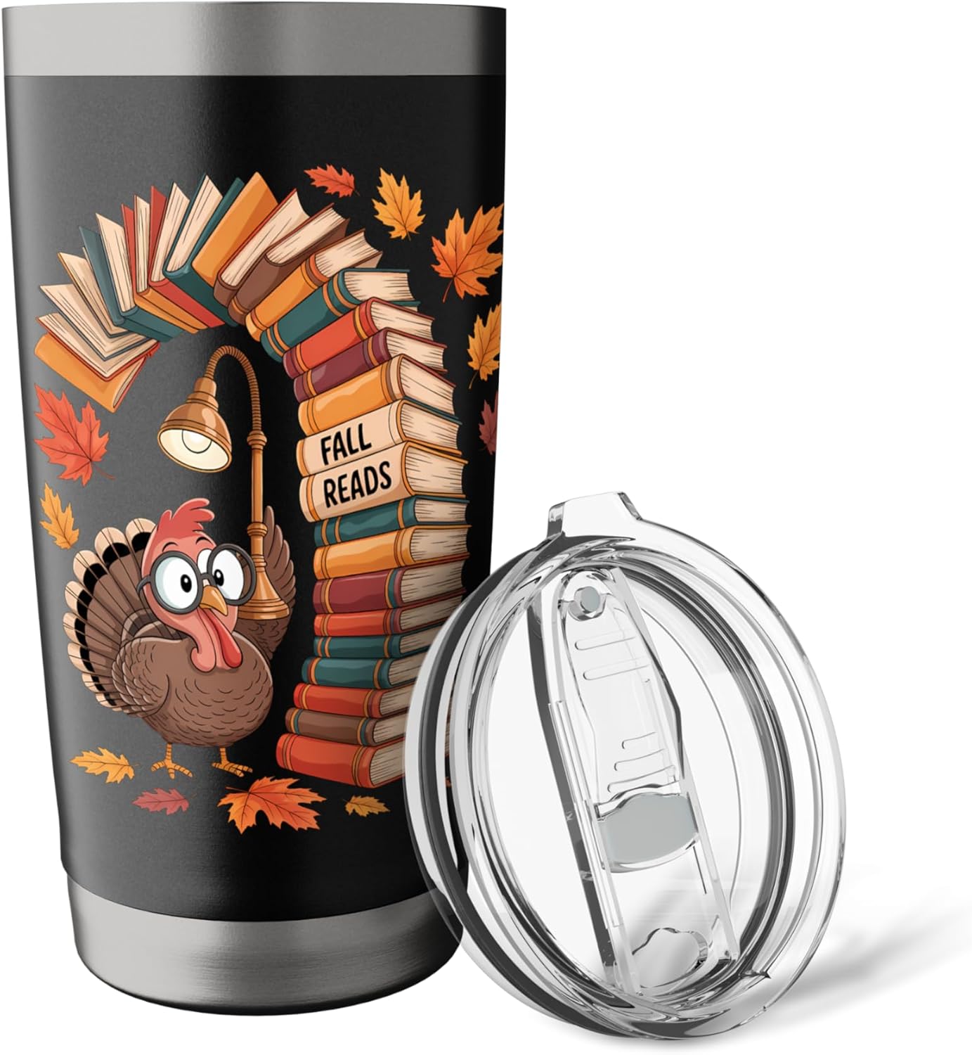 Fall Reads Turkey Book Stack Autumn Leaves Stainless Steel Insulated Tumbler