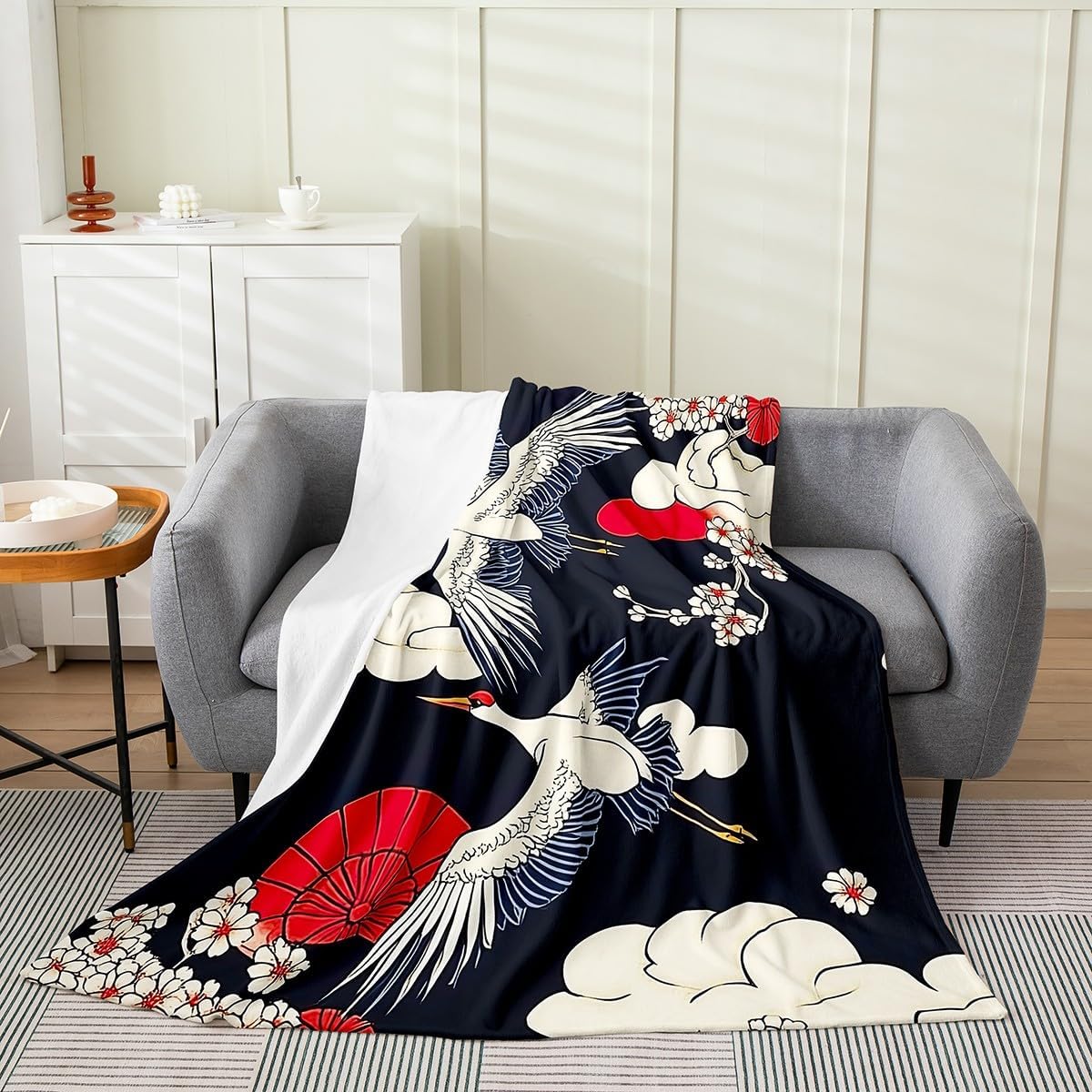 Feelyou Crane All Season,Bed Blanket for Sofa Couch Throw 50"x60" Cherry Blossoms Plush Throw Blanket, Ultra Soft Japanese-Style Flannel Fleece Blanket Exotic Room Decor Wave