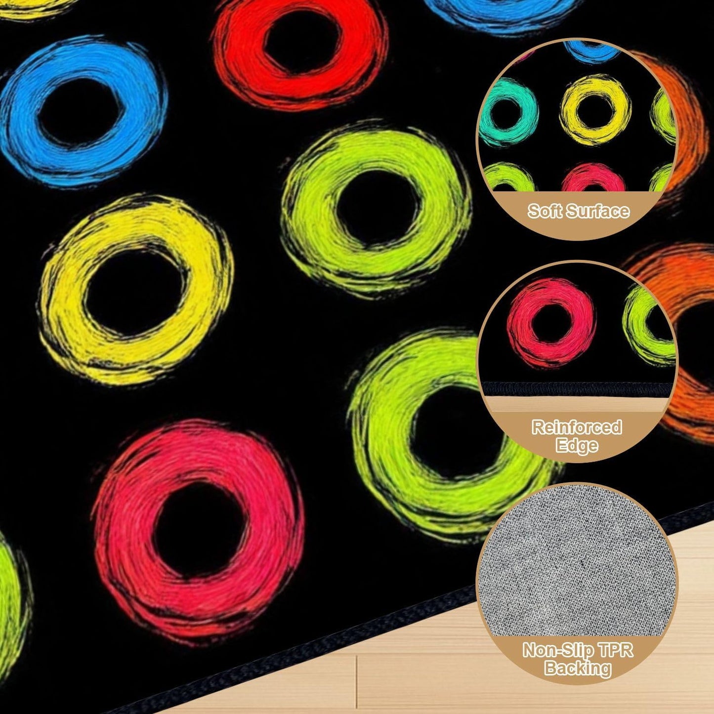 9x12 Area Rugs for Classroom Boho Washable Rug for Playroom Abstract Black Colorful Handpainted Circles Rings Geometric Carpet for Kids Soft Rubber Backed Non-Slip Carpets for School Learning Room