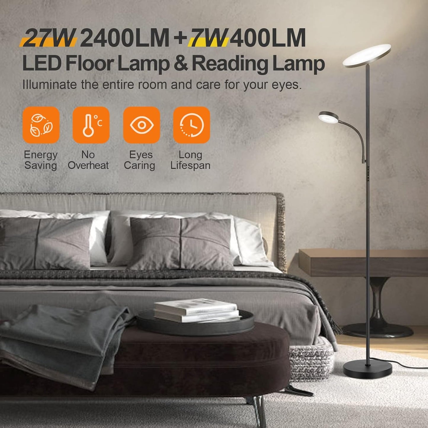 OUTON LED Floor Lamp, 27W/2400LM Modern Torchiere Lamp & 7W/ 400LM Reading Lamp, Bright Dimmable Standing Tall Lamp with 4 Color Temperature, Remote Touch Control for Living Room Bedroom Office, Black