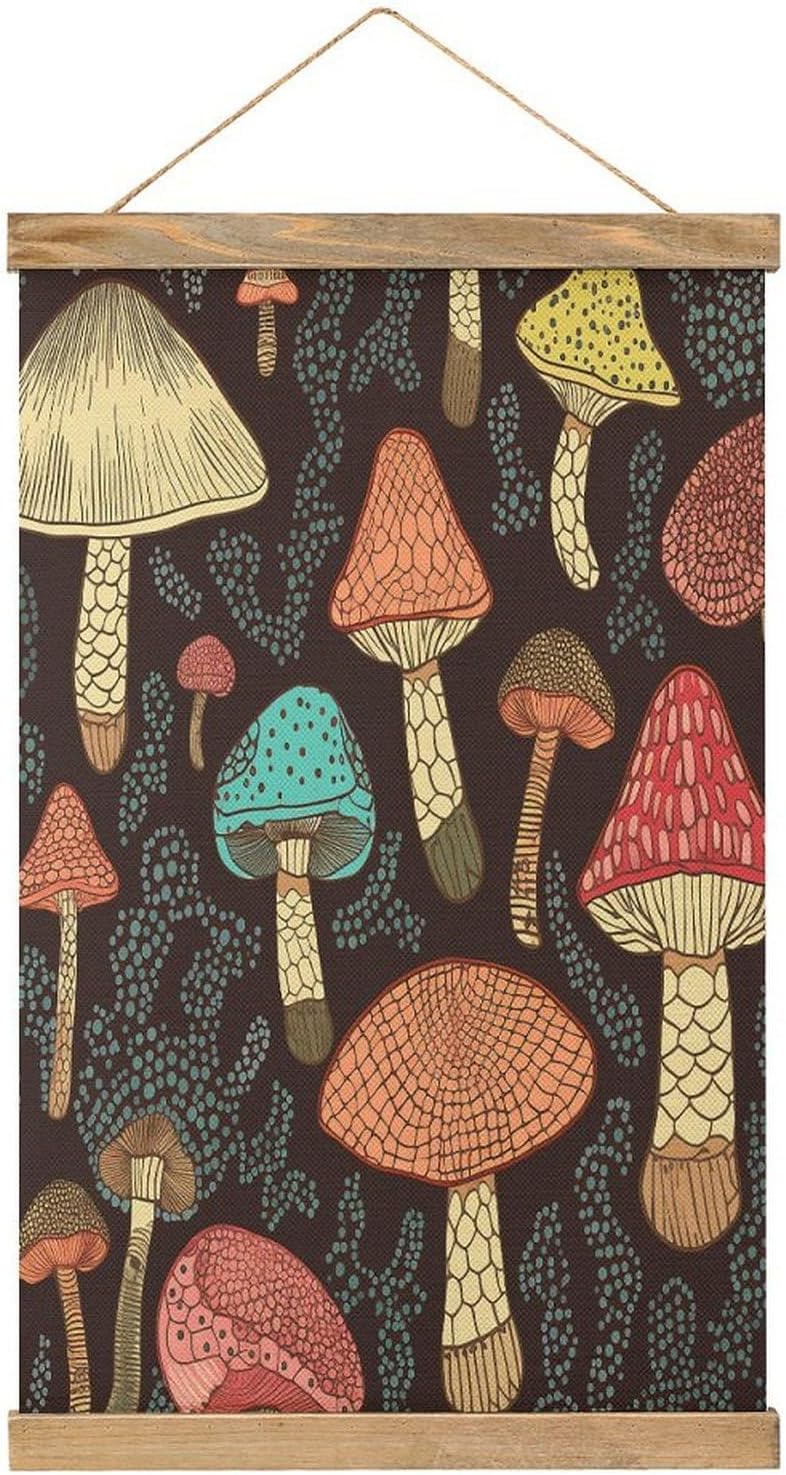 Vintage Mushroom Poster with Wooden Frame Personalized Linen Hanging Scroll Painting Rustic Wall Hanging Illustrative Modern Artwork Decor for Home Living Room Bedroom Office