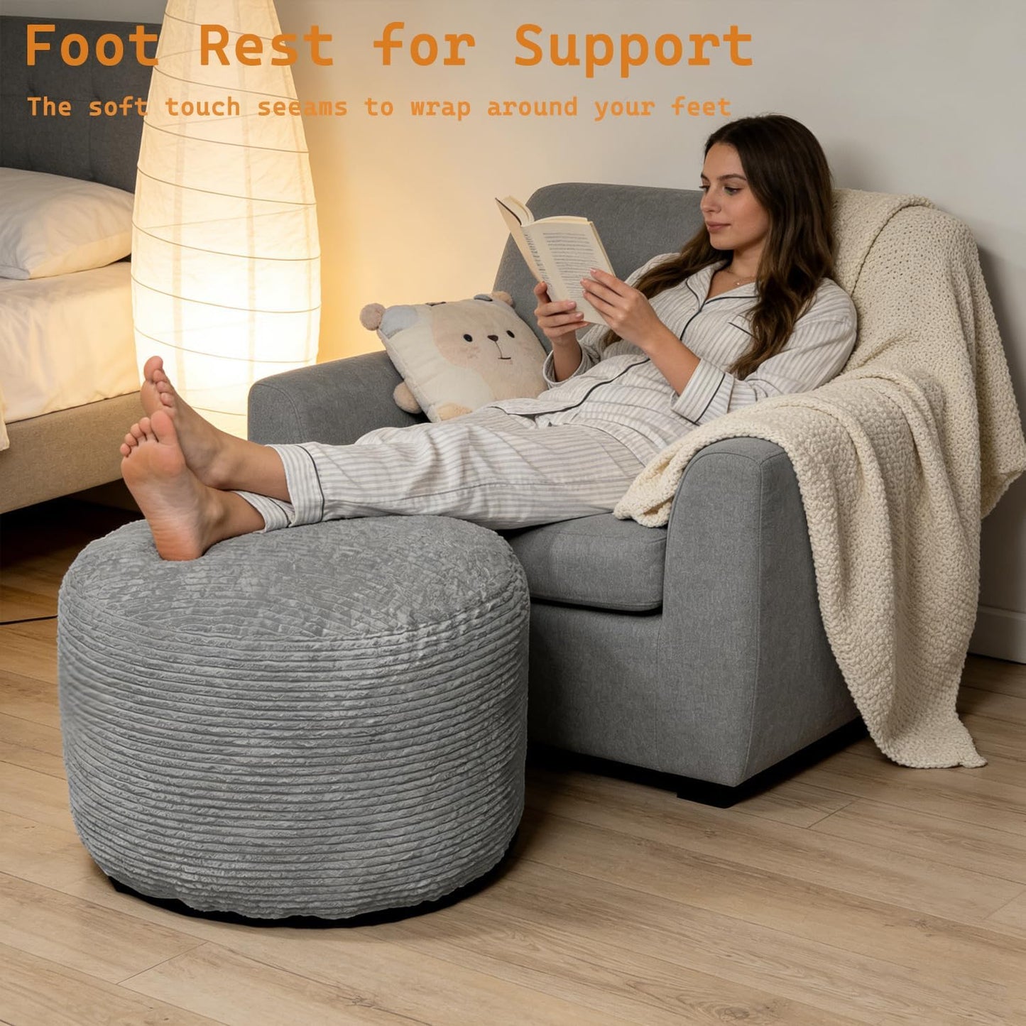 Oslimea Round Ottoman Foot Rest 20 x 15 Foot Stool Ottoman Pouf with Foam Chunk Filling for Living Room, Floor Poufs Foot Rest for Bedroom, Dark Grey Corduroy