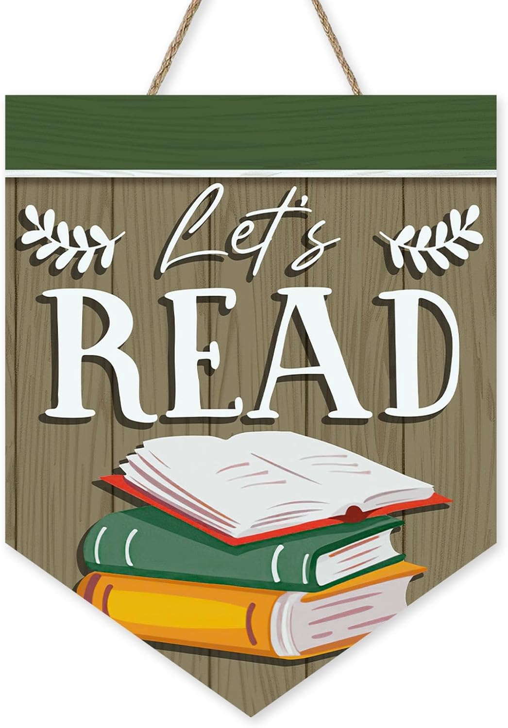 Reading Corner Let's Read Books Front Door Sign, Retro Inspirational School Classroom Library Wood Plaque Hanger, Farmhouse Wooden Wreath Indoor Wall Hanging Home Decor Book Lover Gift