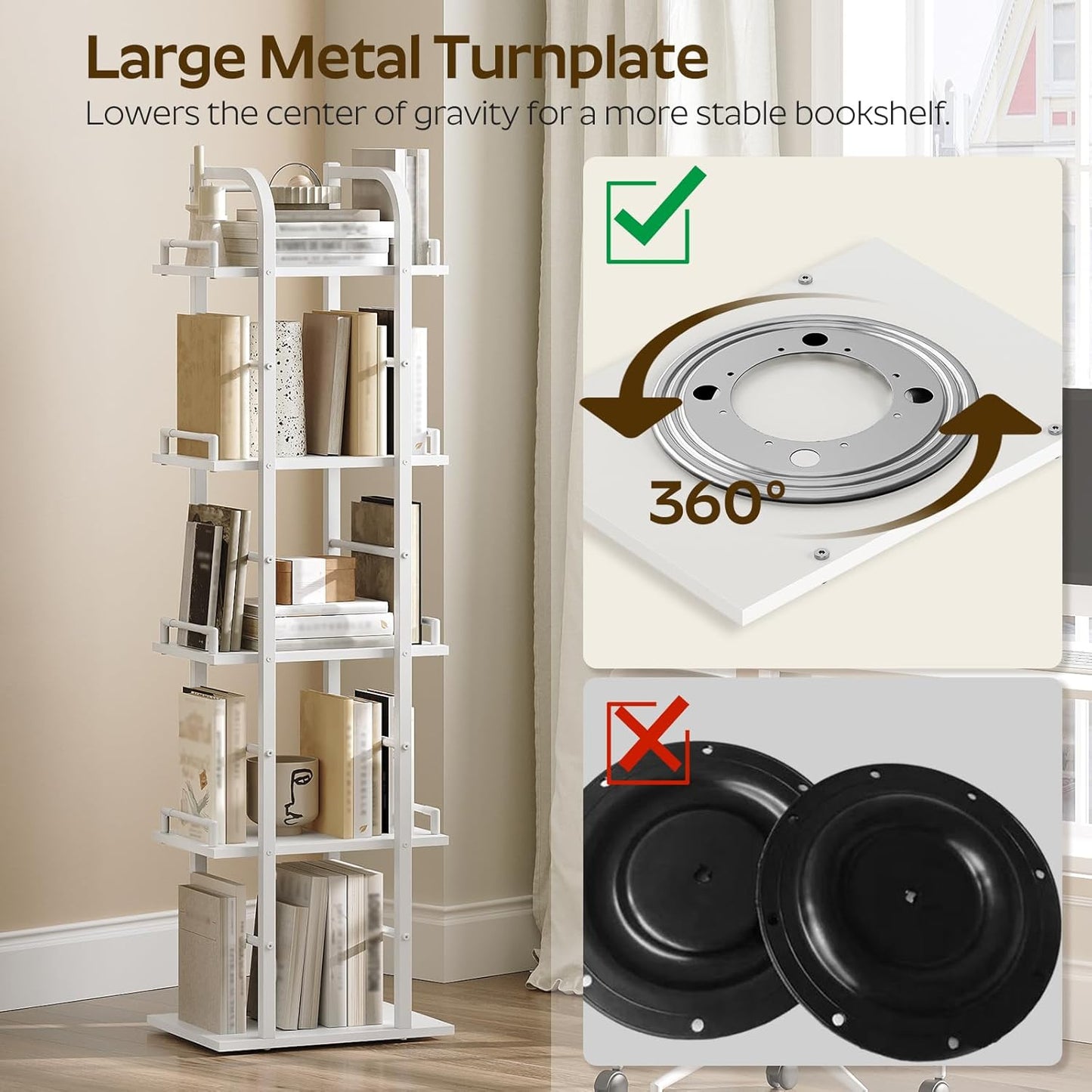 5 Tier Rotating Bookshelf, Freestanding Corner Bookshelf, 360 Spinning Bookcase Tower, Tall Industrial Style Organizer, Storage Shelf Bookcase for Living Room, Study, White SJ02WW