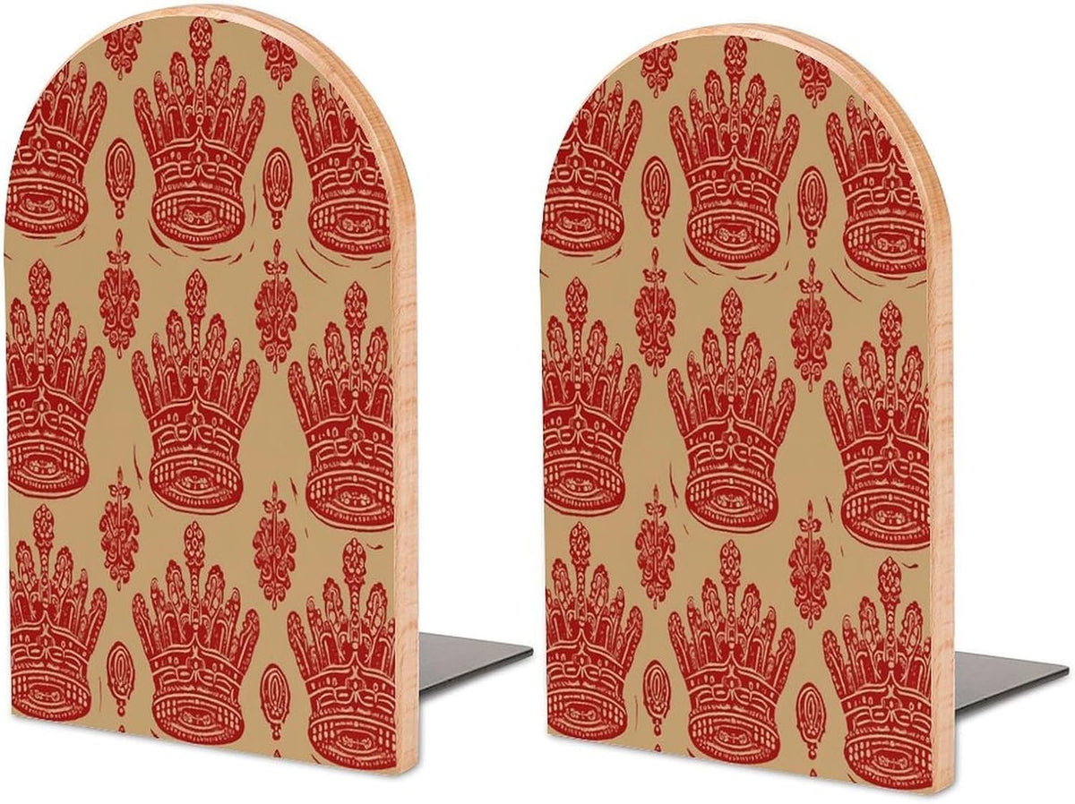 Red Crown Wooden Bookend Non-Slip Book Ends Heavy Duty Book Stopper with Metal Base Books Holderd Decorative Bookends Stands Firmly for Office Supplies