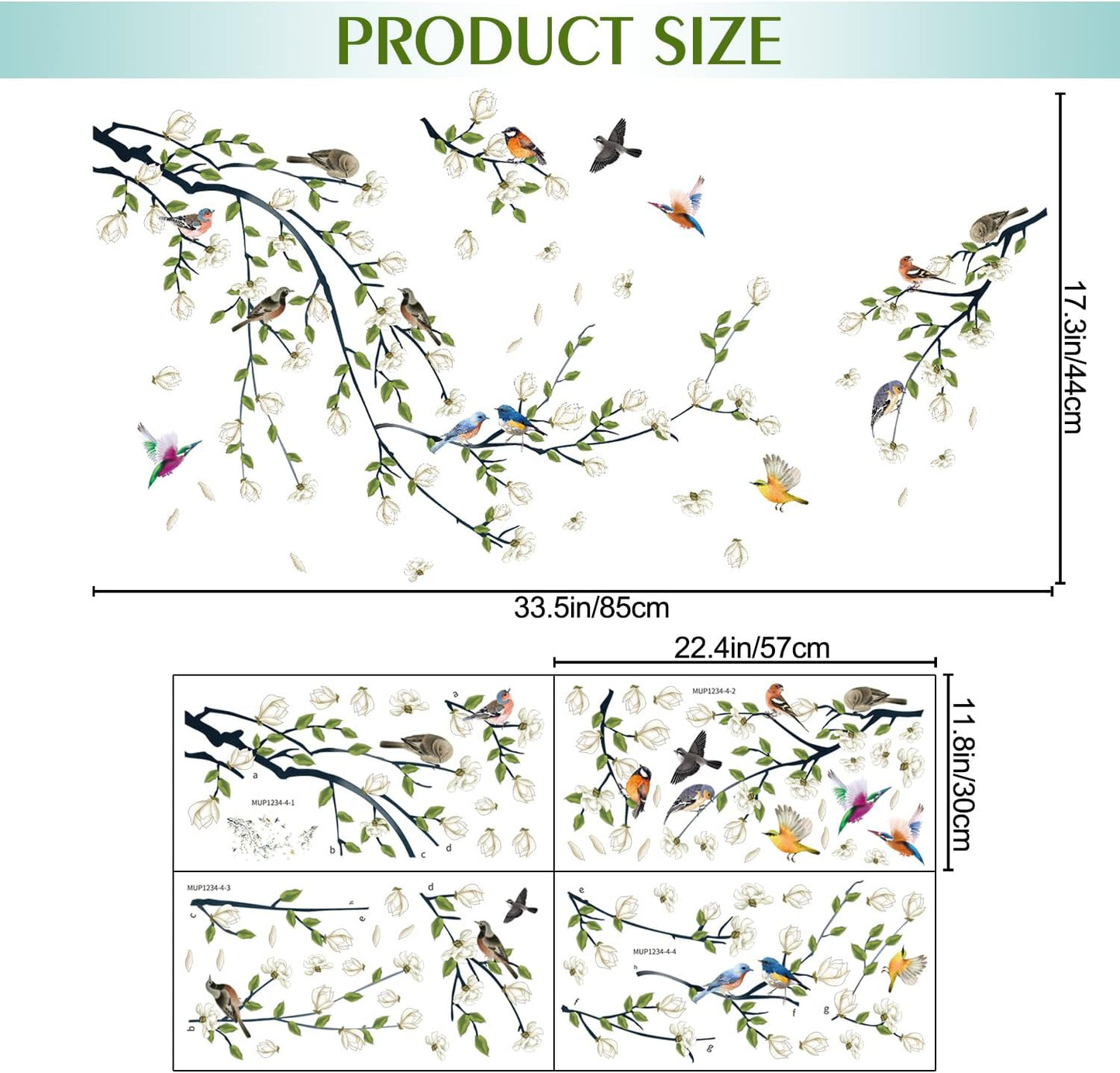 4 Sheets Magnolia Branches Wall Decals White Flowers Wall Stickers DIY Removable Colorful Birds Wall Sticker Petals Falling Home Decoration for Girls Bedroom Living Room Kitchen Bathroom TV Background