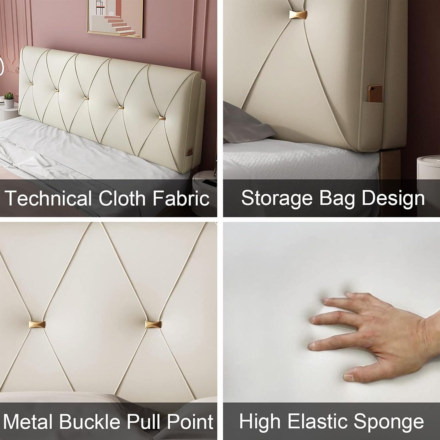 Headboard Bedside Cushion PU Reading Pillow with Filling Upholstered Support Lumbar Backrest for Hotel Bed Head Daybed Soft Breathable (Color : Silver Gray Size : 180CMX60CMX6CM) (Creamy White)