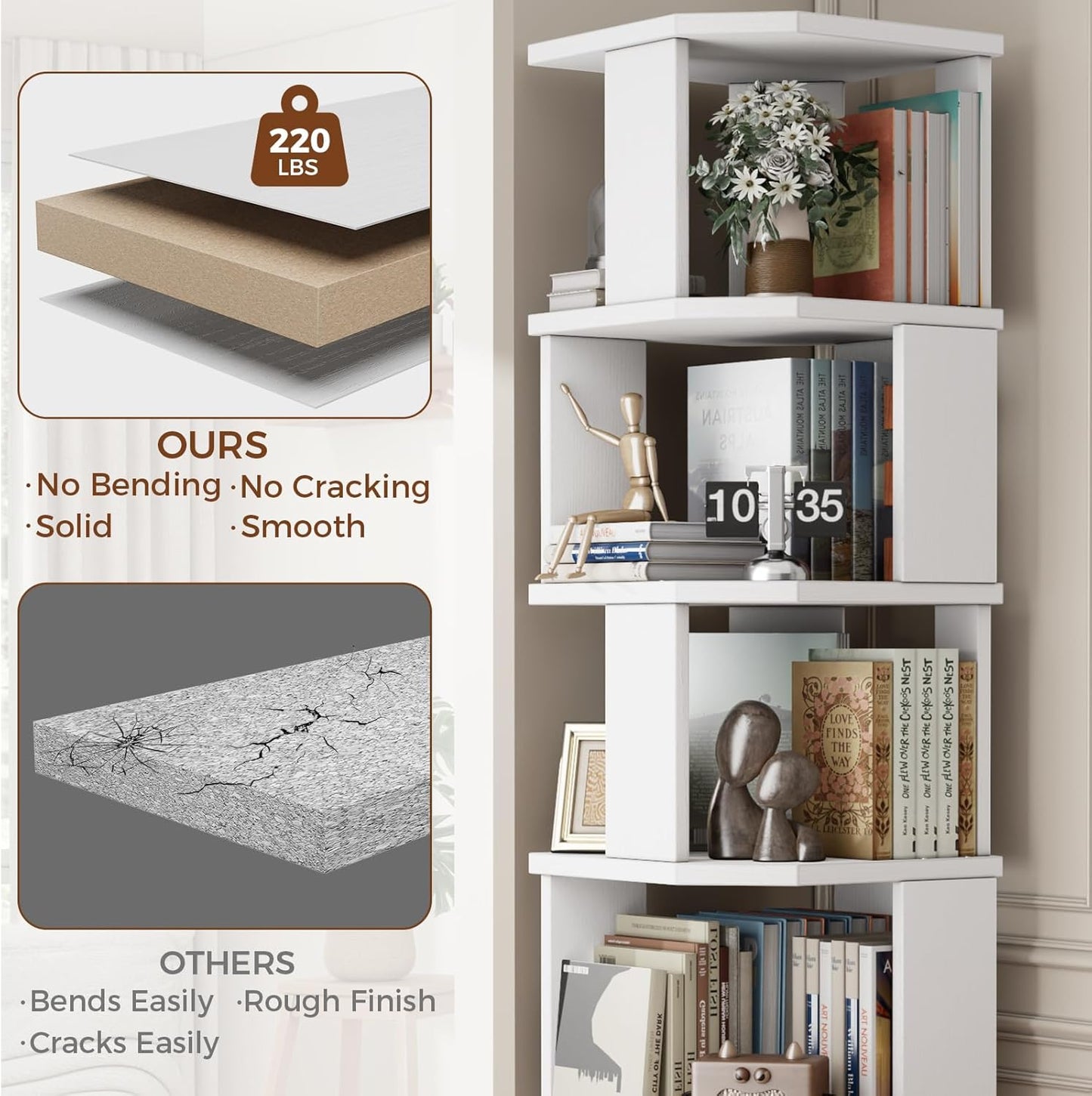 5 Tier Square Bookshelf Tower, Floor Standing Corner Bookshelf Modern Organizer Storage Display Rack for Home Office Living Room Study, Small Spaces