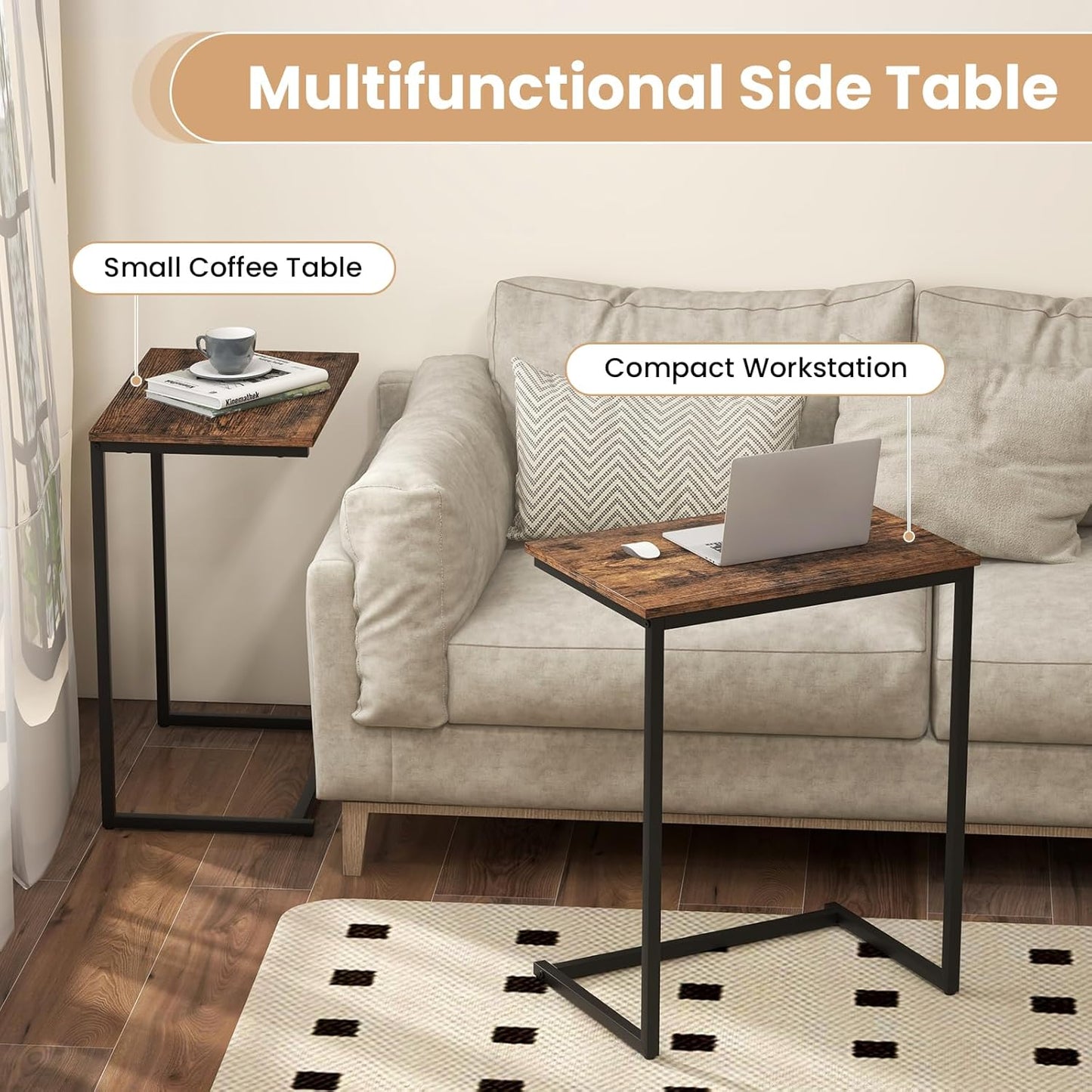 GOFLAME C Shaped End Table, Small Snack Side Table for Sofa, Couch, Bed, Laptop Table, TV Trays with Metal Frame for Living Room, Bedroom, Small Space, Rustic Brown