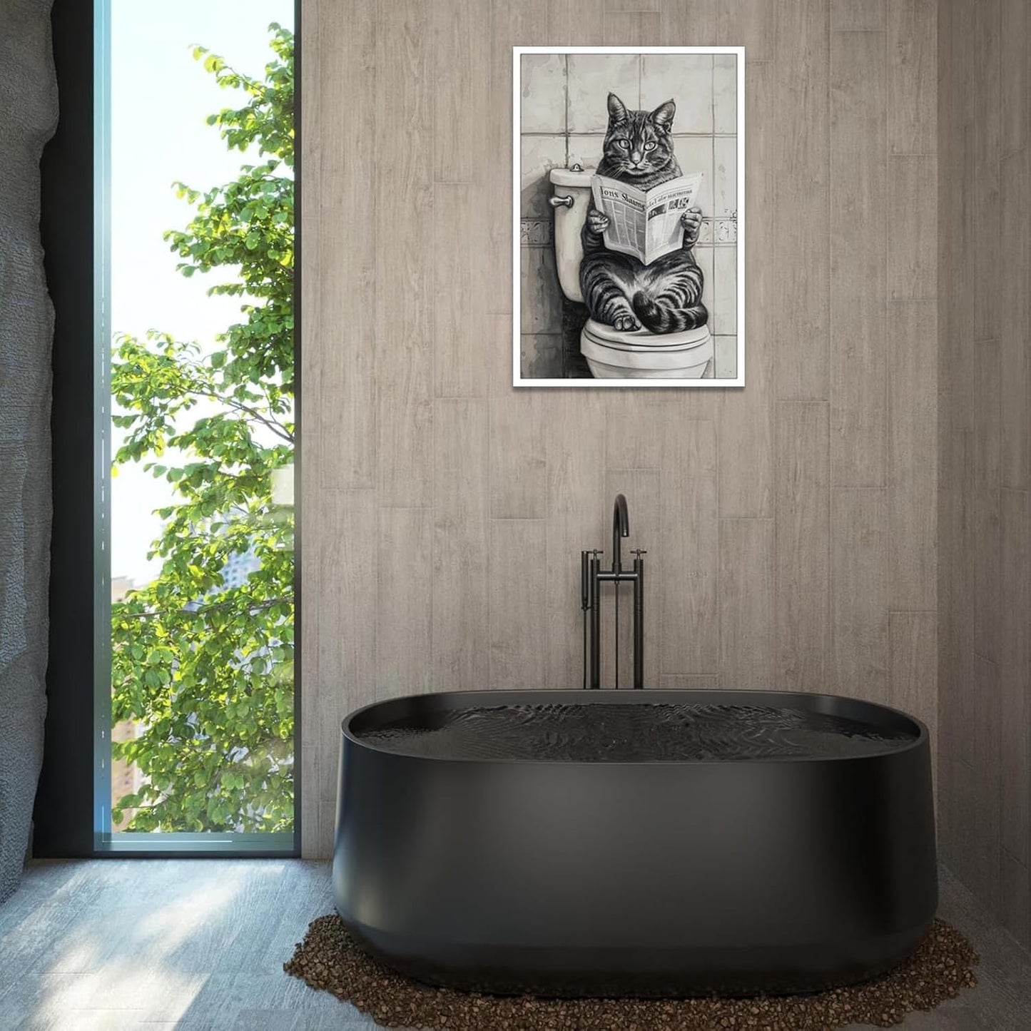 Black And White Bathroom Canvas Wall Art Funny Cat Reading Newspaper Poster Retro Abstract Cute Animal Picture Prints Painting For Home Bathroom Toilet Restroom Wall Decor 12x16in Unframed