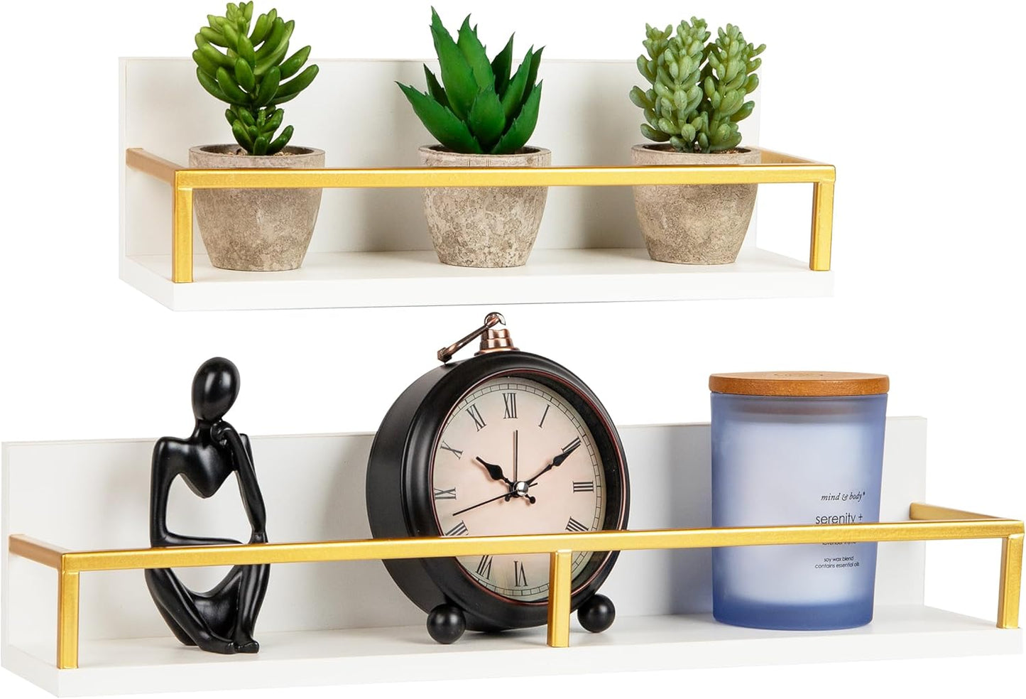 Mind Reader Floating Shelves, Wall-Mounted Office Organizers, Modern MDF Display Storage with Metal Rail, Metal. MDF, Set of 2, White