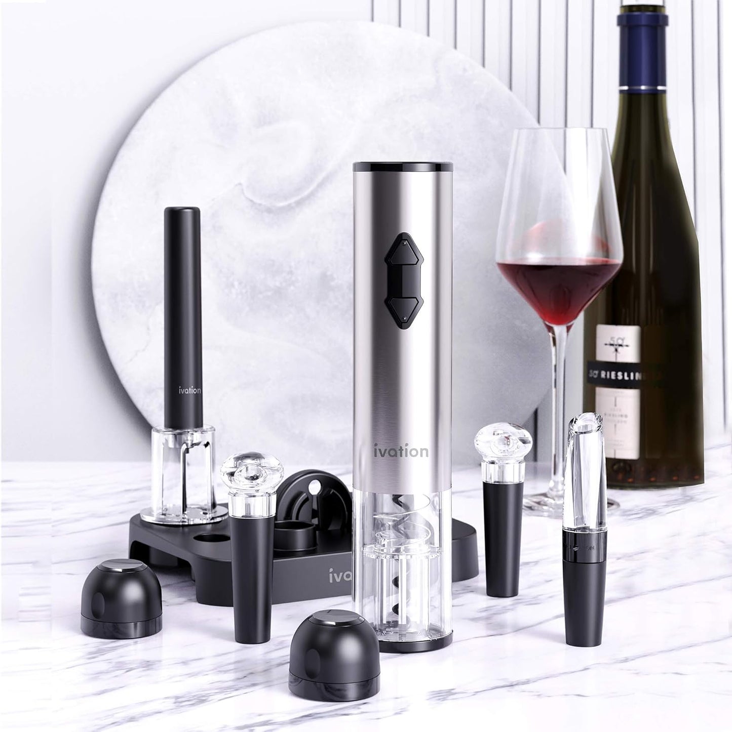 Ivation 9-Piece Wine Set | Electric Opener, Air Pump, Pourer with Aerator, Wine and Champagne Stoppers, Foil Cutter, and Stand.