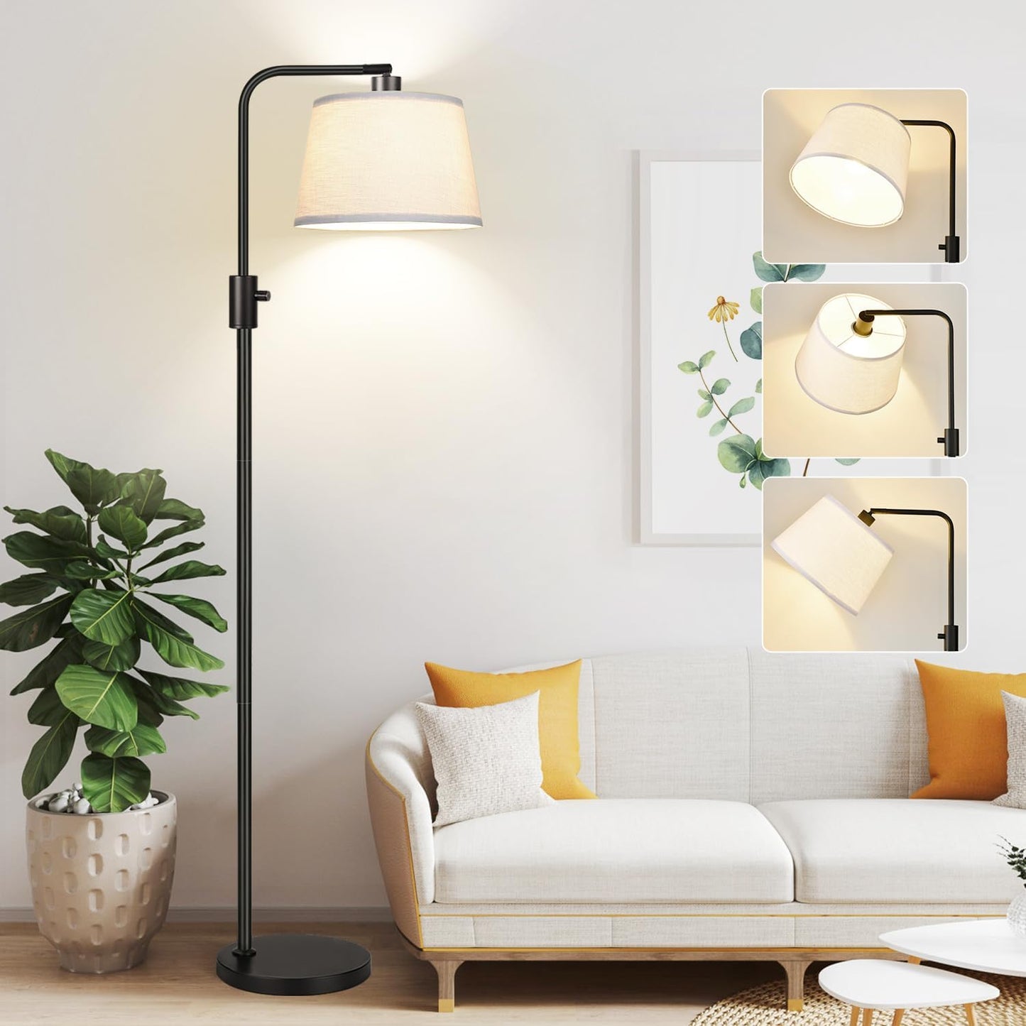 【Upgraded】 Dimmable Floor Lamp, 1000 Lumens LED Edison Bulb Included, Arc Floor Lamps for Living Room Modern Standing Lamp with Linen Shade, Tall Lamp for Bedroom Office Dining Room- Black