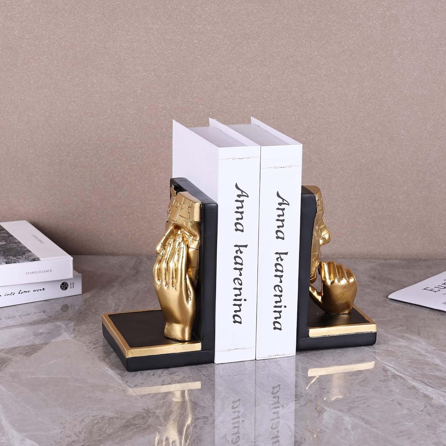 Abstract Decorative Bookends, Thinking Man Statue for Shelves, Heavy Bookends for Large Books, Handcrafted Resin Art for Home and Office Decor, Aesthetic Desk Organizer for Bookshelves (Black Gold)
