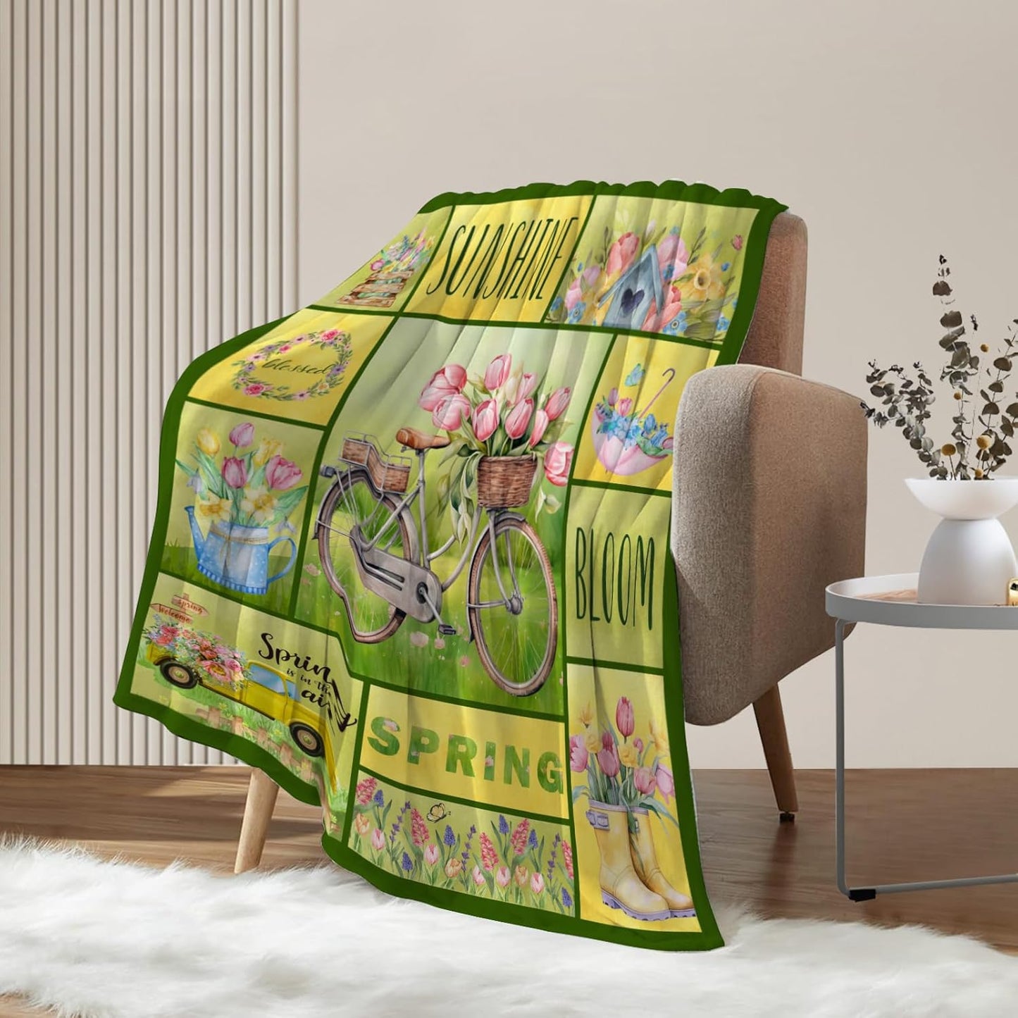 Spring Theme Decorative Throw Blanket Twin Farmhouse Bike Floral Blanket Couch Sofa Bed Soft Cozy Lightweight Fuzzy Fleece Blankets and Throws Cute Easter Flower Blanket 60x80