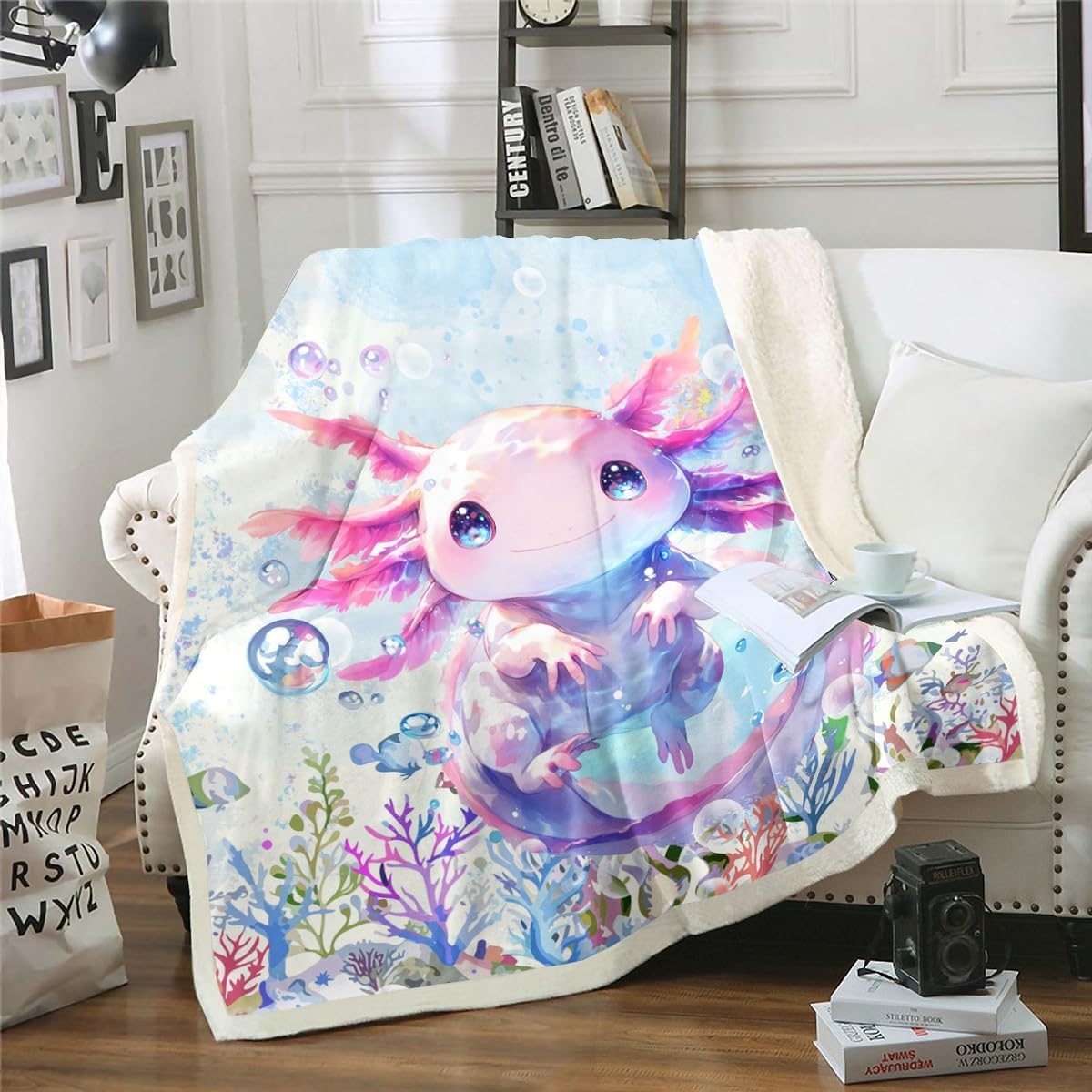 Feelyou Boys Girls Cute Axolotl Fleece Throw Blanket Ocean Sealife Plush Blanket for Bed Sofa Couch Kids Kawaii Sherpa Blanket Cartoon Salamander Teens Fuzzy Blanket Bedroom Decor Throw 50"x60"