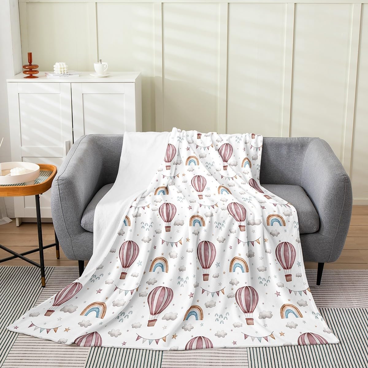 Feelyou Hot Air Balloon Fuzzy Blanket Kids Cute Cloud Flannel Fleece Throw Blanket Cartoon Style All Season Bed Blanket Room Decor Lightweight Rainbow Pink White Plush Blanket Baby 30"x40"