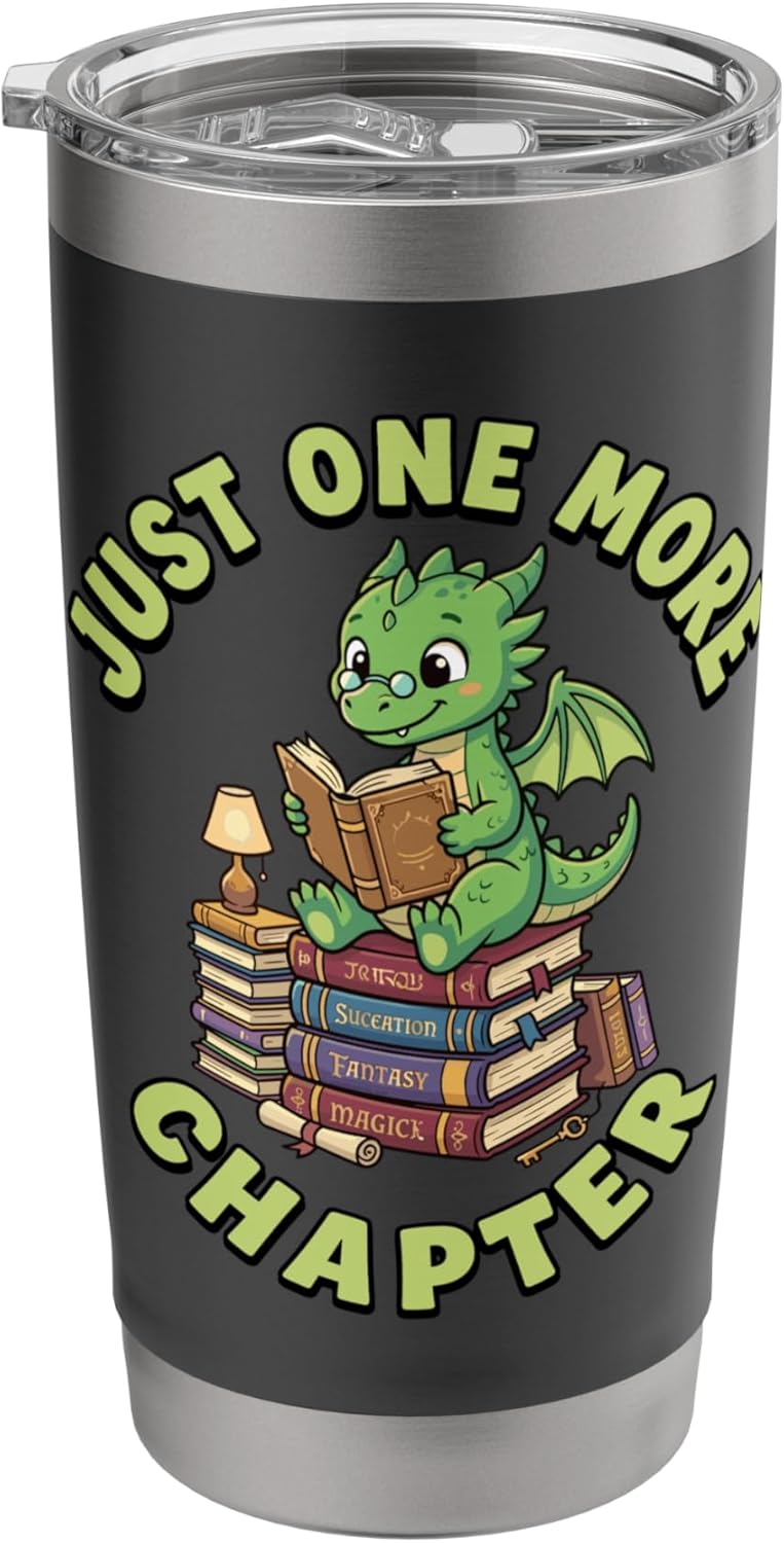 Just “One” More Chapter, Cute Dragon Bookworm Reader Stainless Steel Insulated Tumbler
