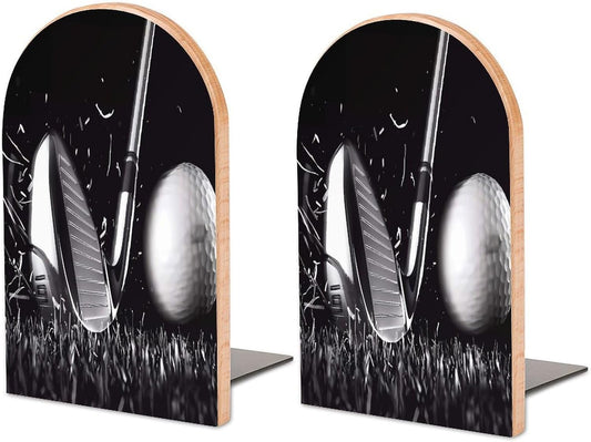 Black and White Golf Wooden Bookend Non-Slip Book Ends Heavy Duty Book Stopper with Metal Base Books Holderd Decorative Bookends Stands Firmly for Office Supplies