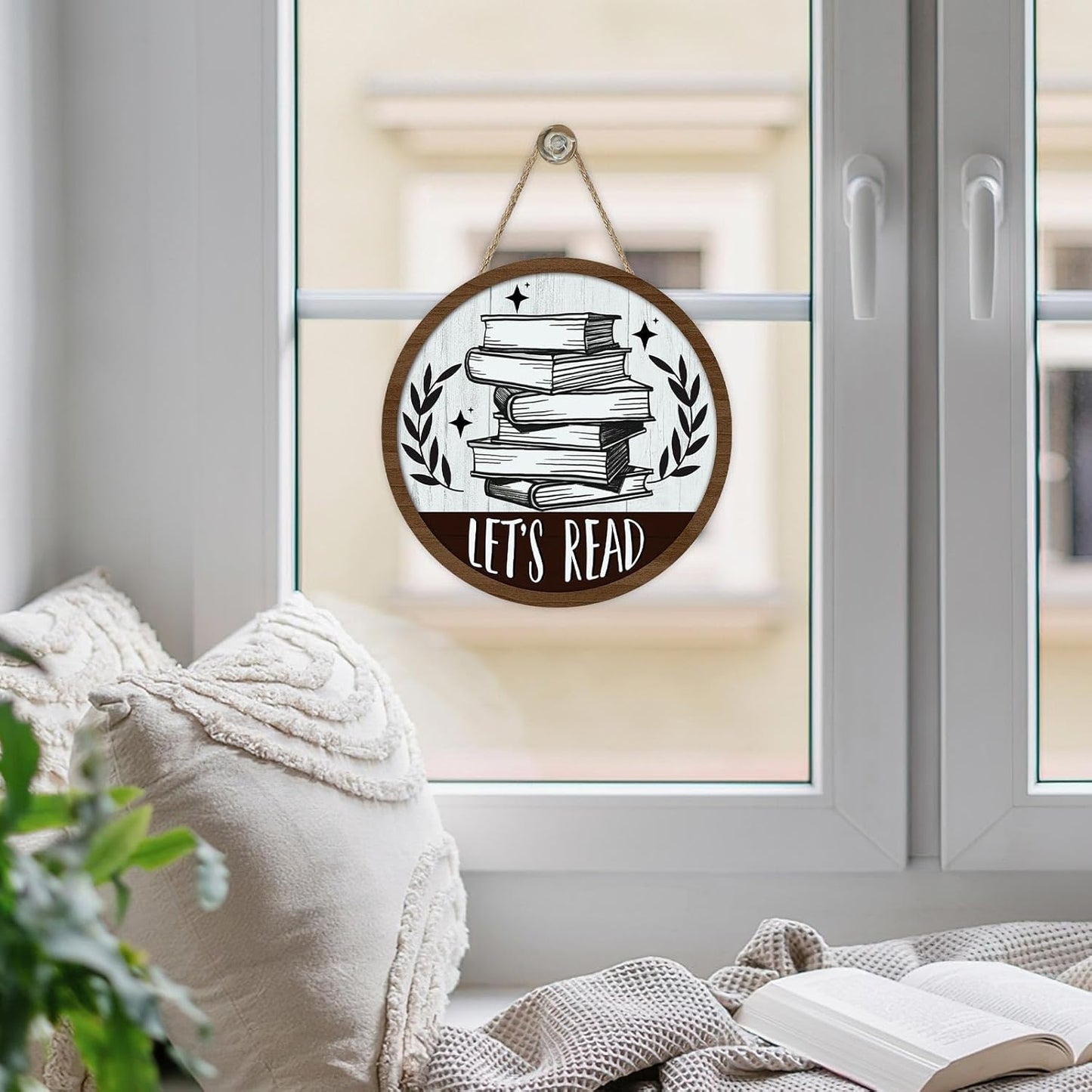 Vintage Let's Read Book Front Door Sign, Retro Inspirational School Classroom Library Reading Corner Wood Plaque Hanger, Farmhouse Wooden Wreath Indoor Wall Hanging Home Decor Book Lover Gift