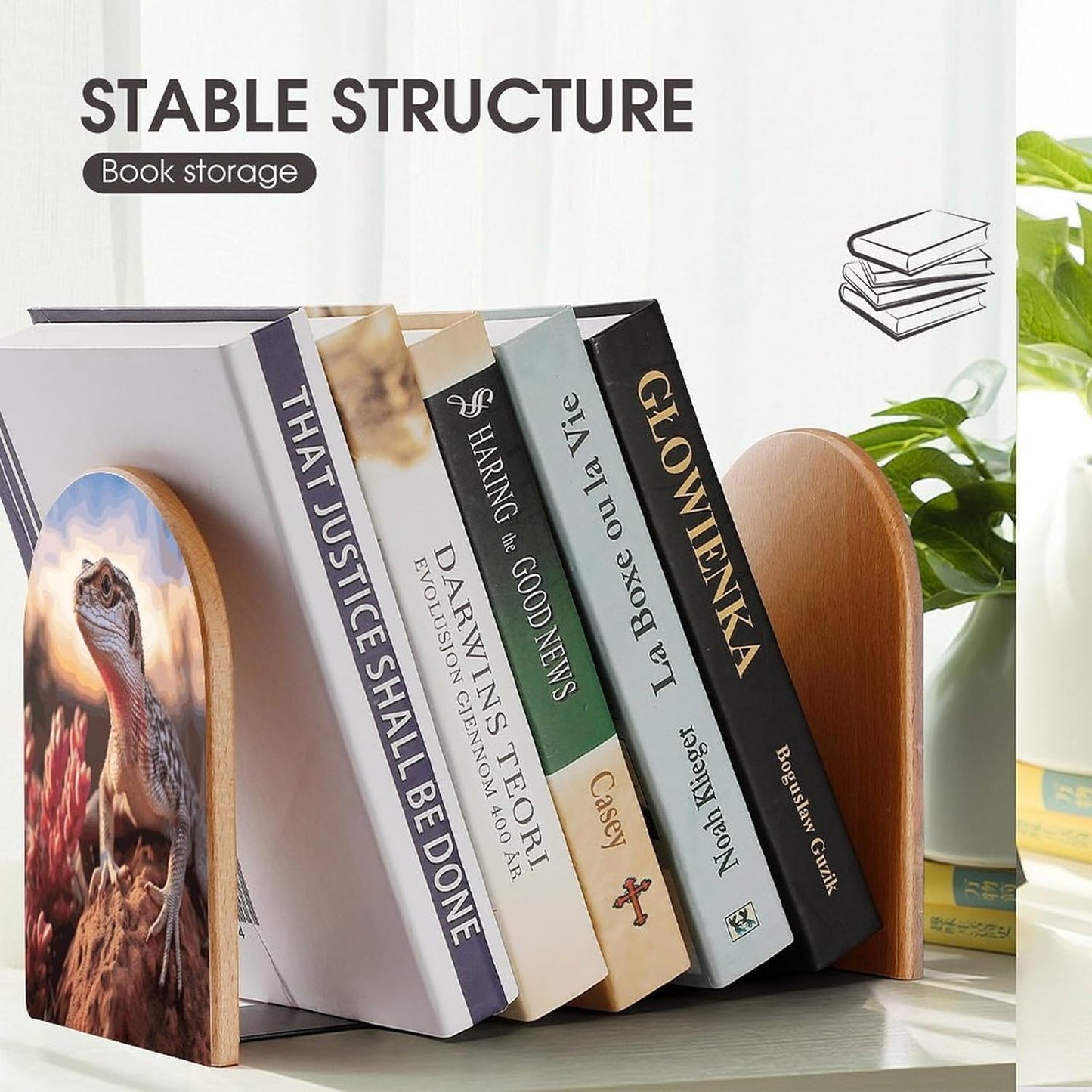 White Lizard Bookend for Shelves Wooden Book End Large Size Sturdy Book Holders Stoppers with Metal Base for Bookshelves Slick Decorative Bookends Stands