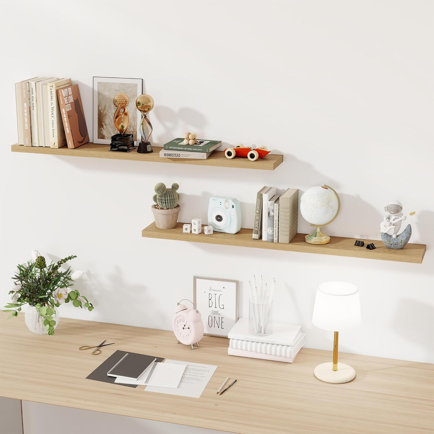 Fun Memories 48 Inch Floating Shelves for Wall, Set of 2 – Rustic Wood Wall-Mounted Shelves with Invisible Brackets for Bedroom, Bathroom, Kitchen – Storage, Books, or Decor, Oak