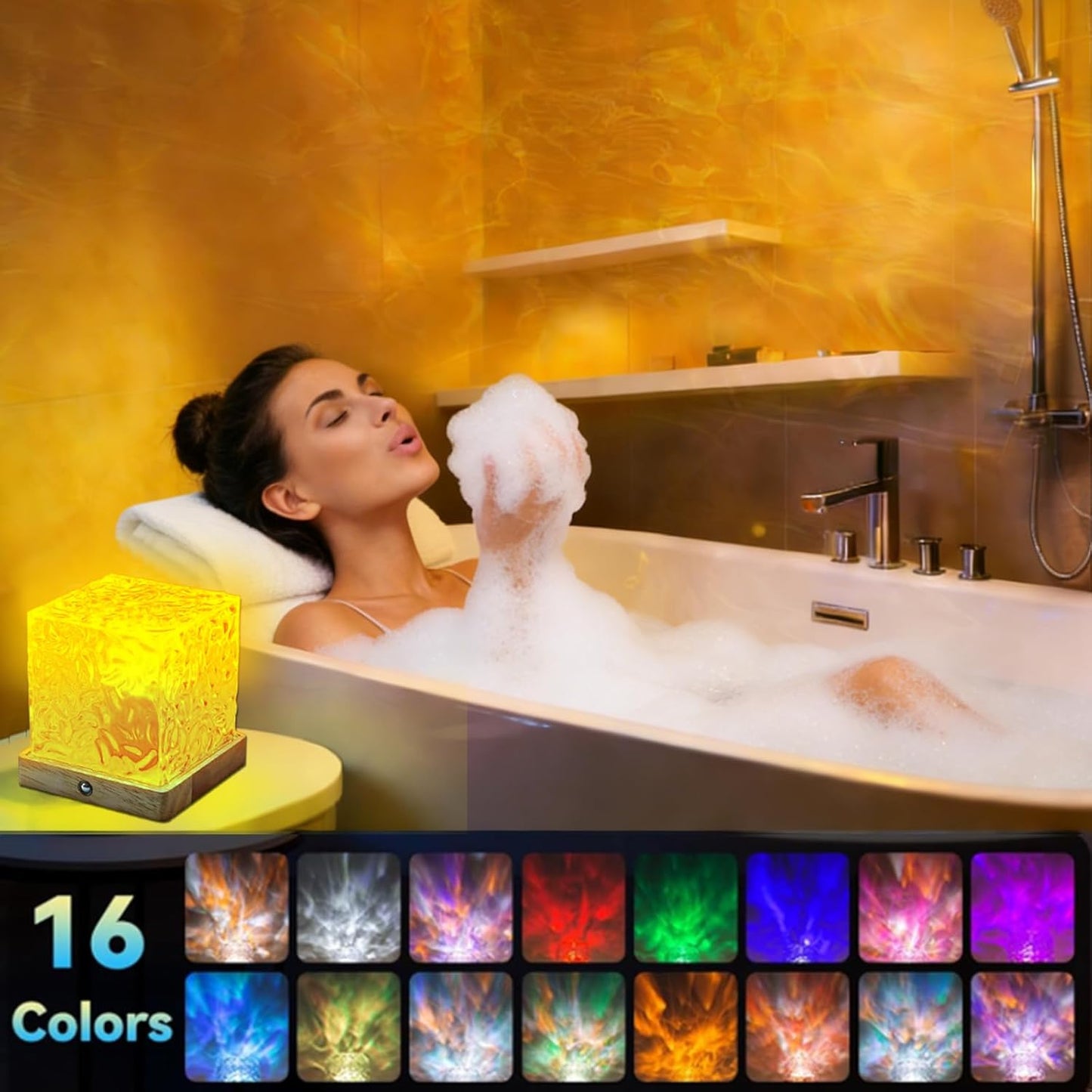 LETOUR Bathroom Mood Light,Rechargeable Shower Light 16 Color Changeable Ocean Wave Projector Lamp, Dimmable Waterproof Shower Lamp with Remote, Rotating Cube Water Ripple Lamp for Bath