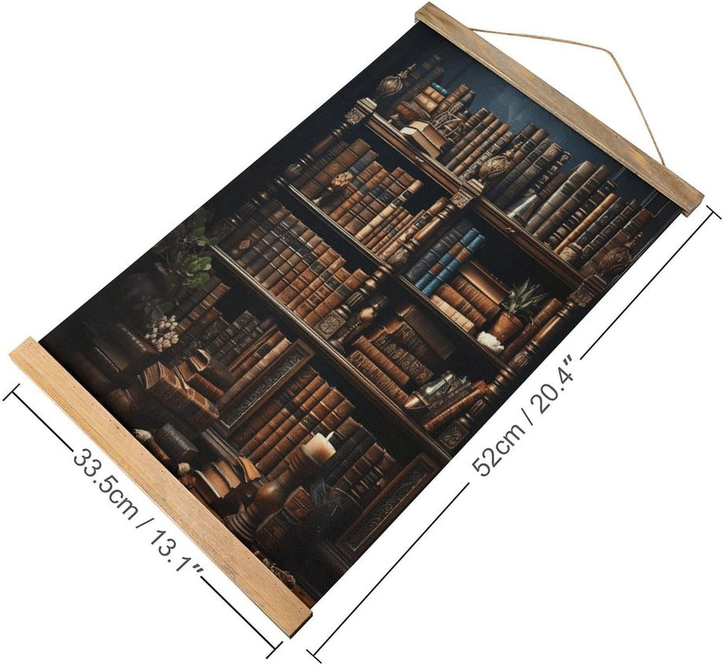 Vintage Books on The Bookshelf Poster with Wooden Frame Personalized Linen Hanging Scroll Painting Rustic Wall Hanging Illustrative Modern Artwork Decor for Home Living Room Bedroom Office