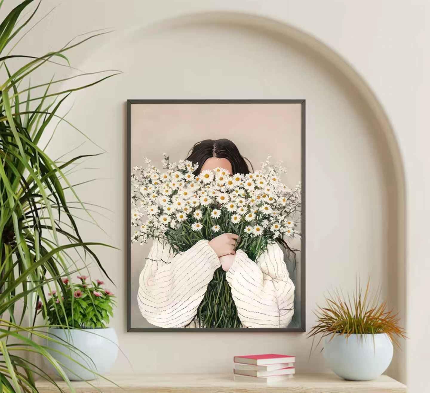 3Pcs Emerald Green Abstract Figure Wall Art Fashion Reading Woman and With Daisies Bouquet Poster Wall Decor Retro Picture Stripe Female Portrait Paintings for Living Room Bedroom 16x24in Unframed