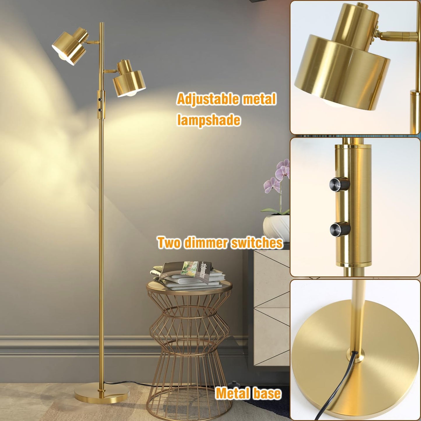 Dimming Floor Lamp with 2 Adjustable Head,Tall Modern Industrial Vintage Standing Lamps for Living Room, Bedroom, Office,Study,Gold Corner Light for Reading