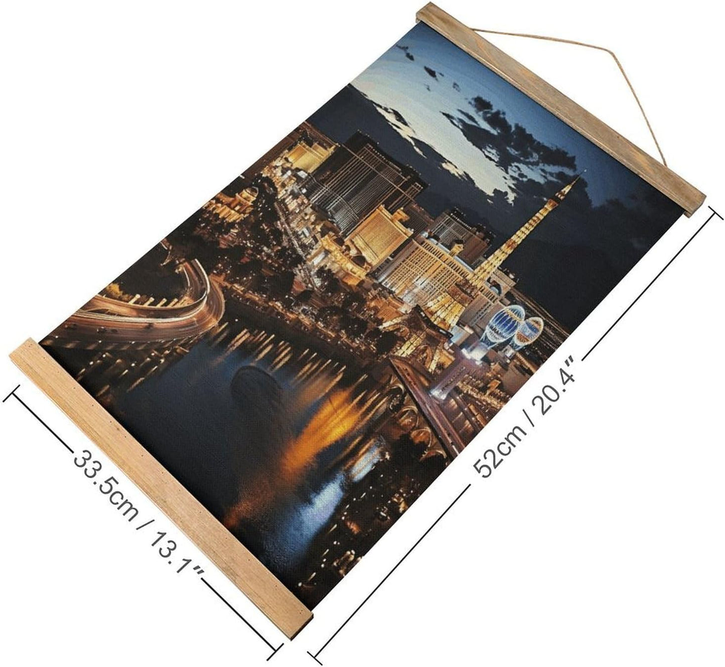 Vintage Las Vegas Night View Poster with Wooden Frame Personalized Linen Hanging Scroll Painting Rustic Wall Hanging Illustrative Modern Artwork Decor for Home Living Room Bedroom Office