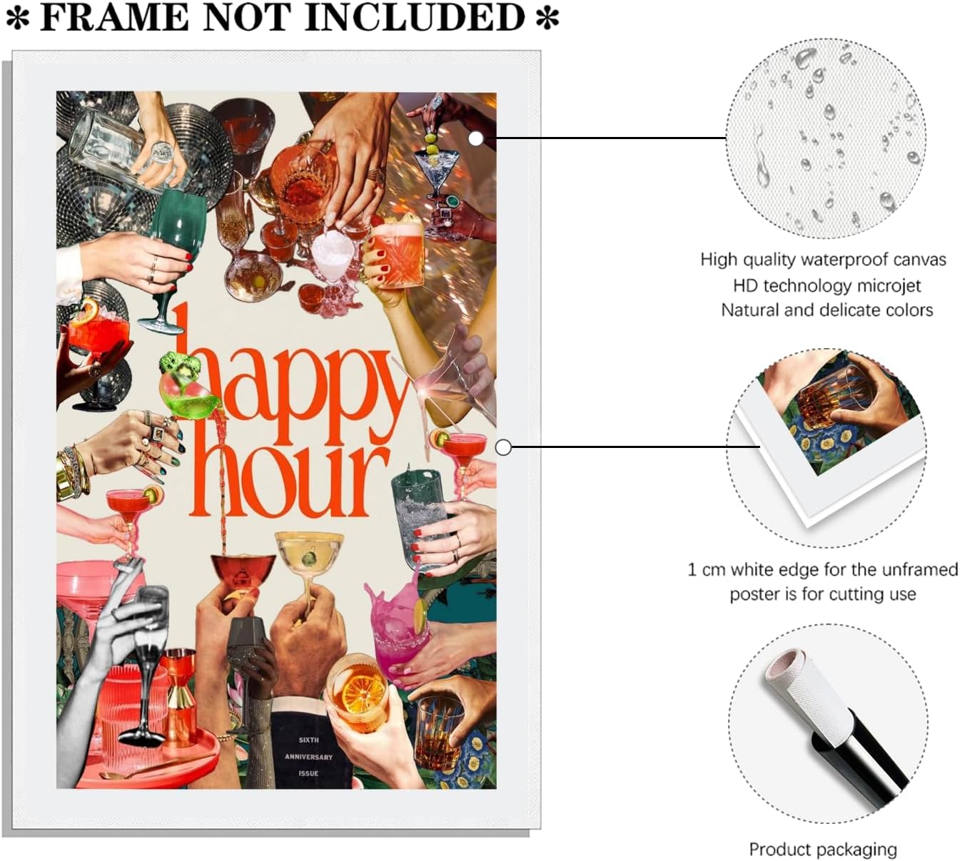 Cocktail Happy Hour Wall Art Retro Martini Posters Bar Art Canvas Print Vintage Kitchen Decor Disco Ball Poster Fun Party Decor Sign Pictures for Bar Cart Dining Room 12x18inch Unframed
