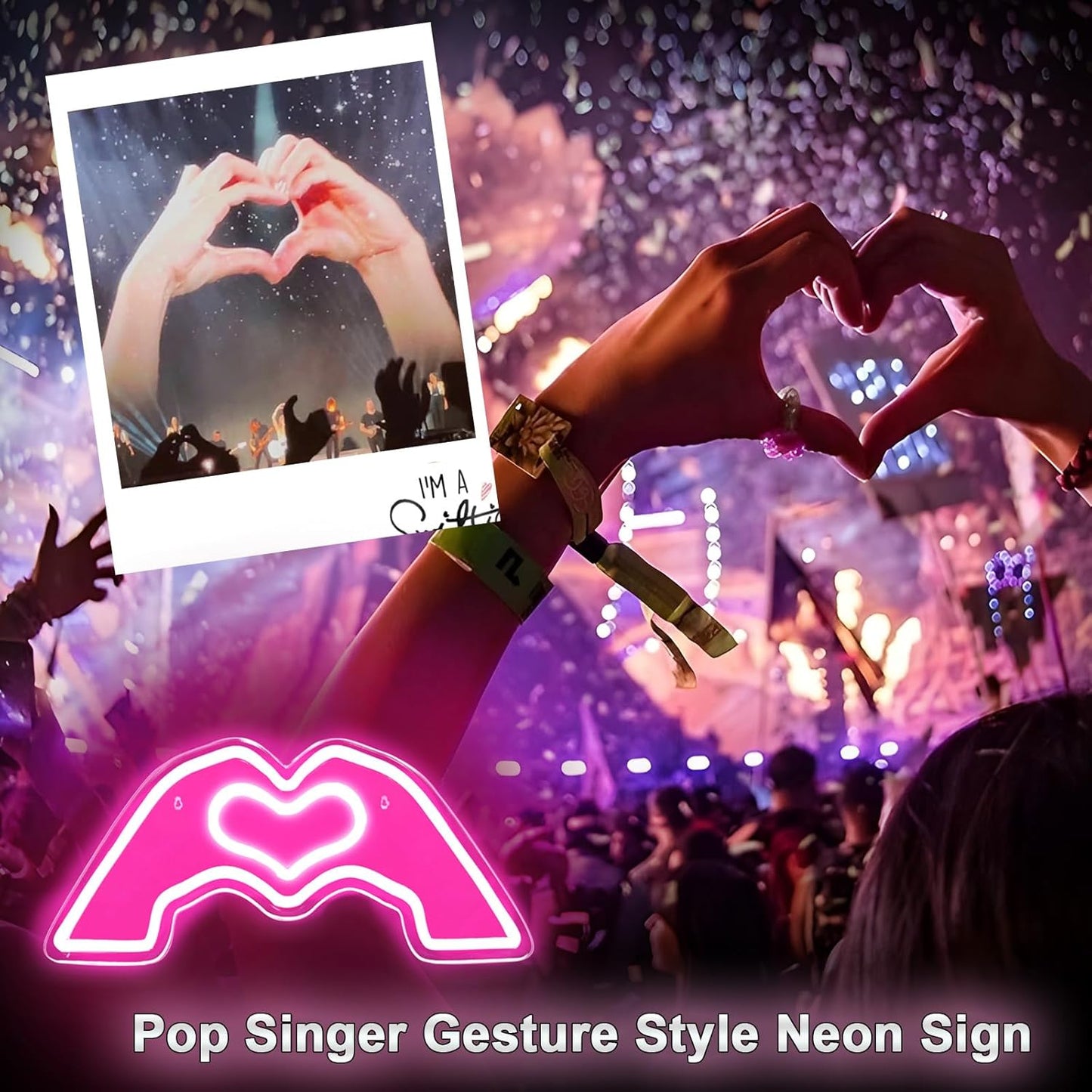 Heart Hands Neon Sign for Singer Fans Merch, Wall Art Decor Neon Signs Led Lights with Dimmable USB Charge for Bedroom Game Room Bar Party, Birthday, Christmas Decor Gifts (Pin/k)
