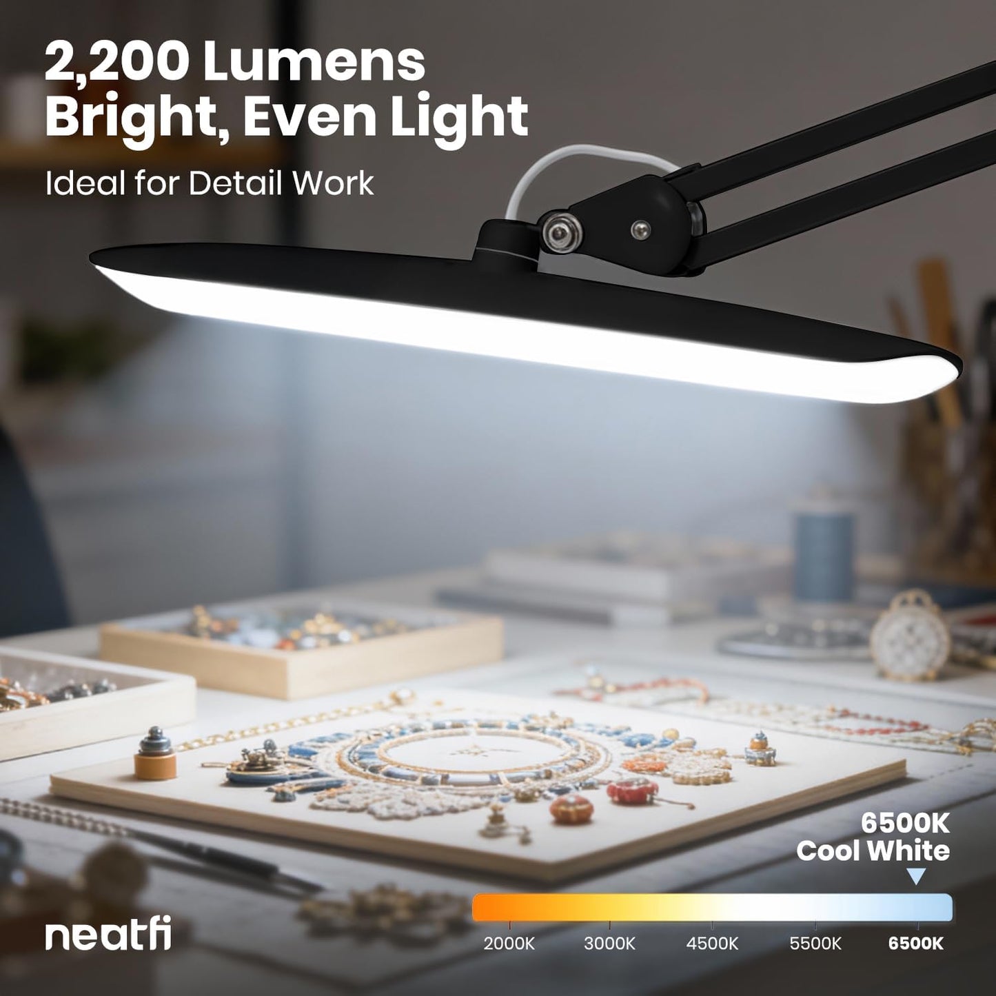 Neatfi XL 2200 Lumens 24W LED Desk Lamp with Clamp - Shadow-Free Task Lighting | 4-Level Dimming | Home Office & Crafts Use | 20-Inch Wide Head (Non-CCT, Black)