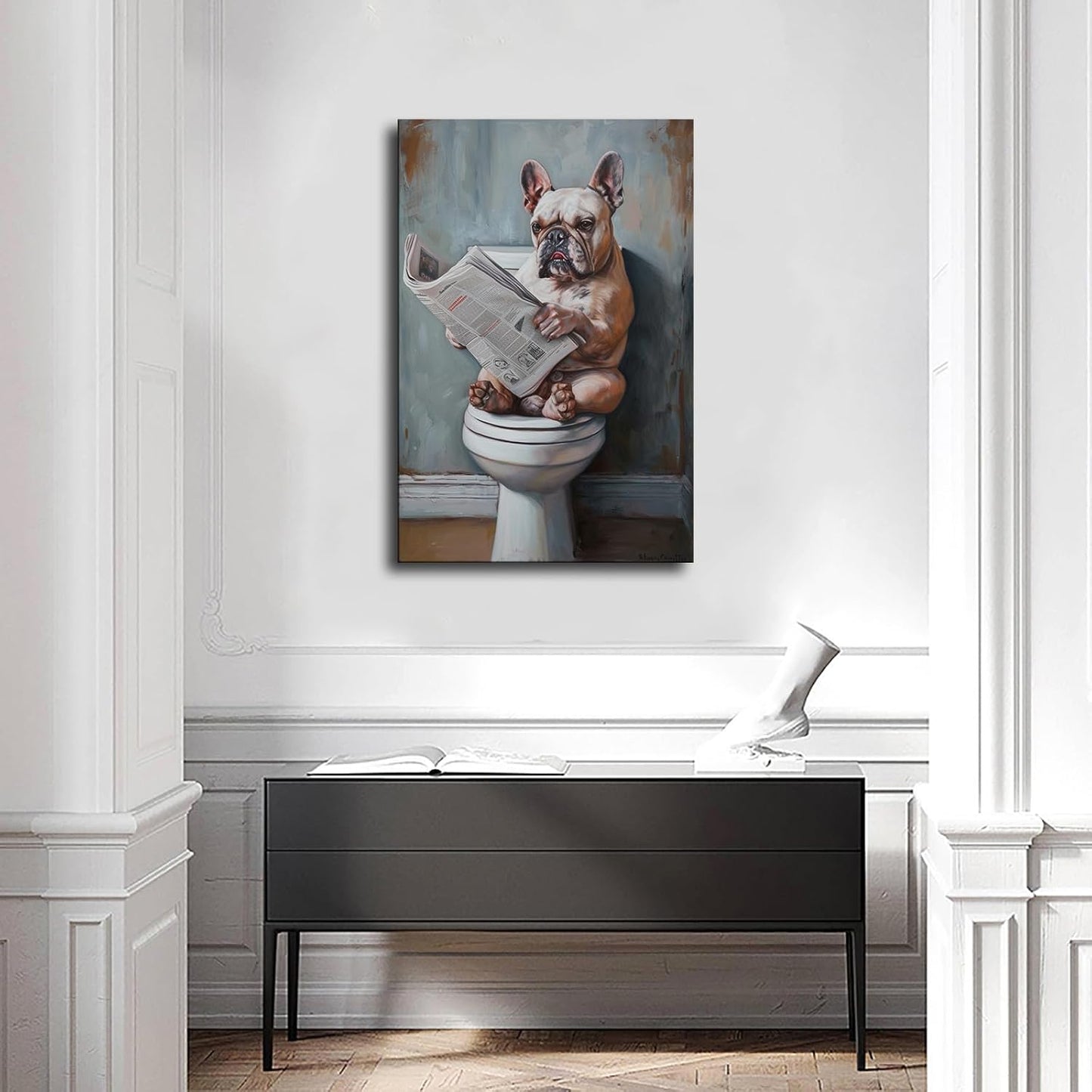 chenmjj Bulldog Sitting on Toilet Reading Newspaper Print Poster Picture HD Print Poster Retro Painted Modern Home Bedroom Room Aesthetic Decoration Canvas Art (08x12inch Unframed)