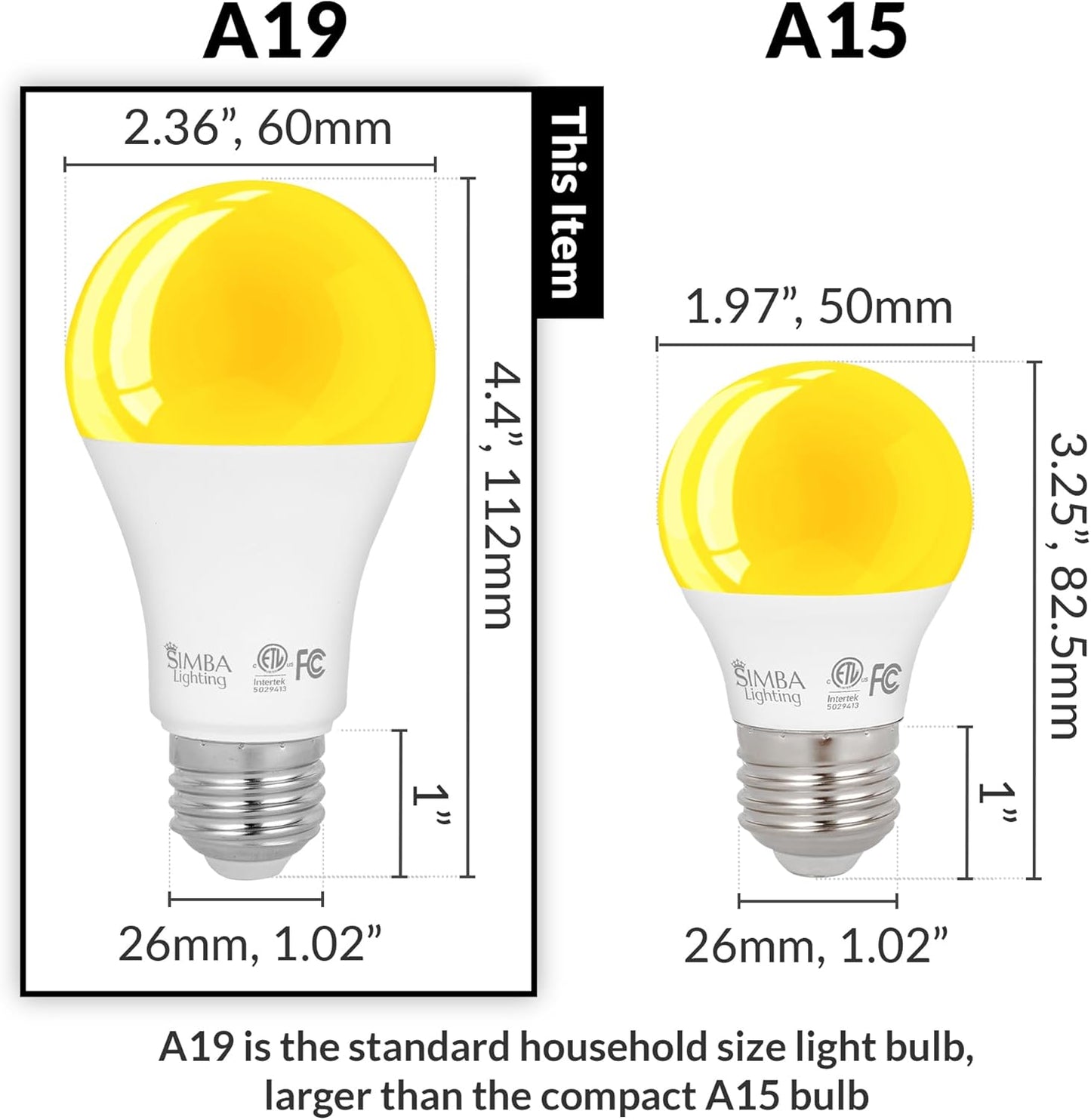 Simba Lighting LED Bug Non-Attracting Yellow Bulb ETL Listed 6W 40W Equivalent (4 Pack), Great for Outdoor Porch Light, Patio, Security, Night Light, Amber Warm Light, Standard A19 Shape E26 Base